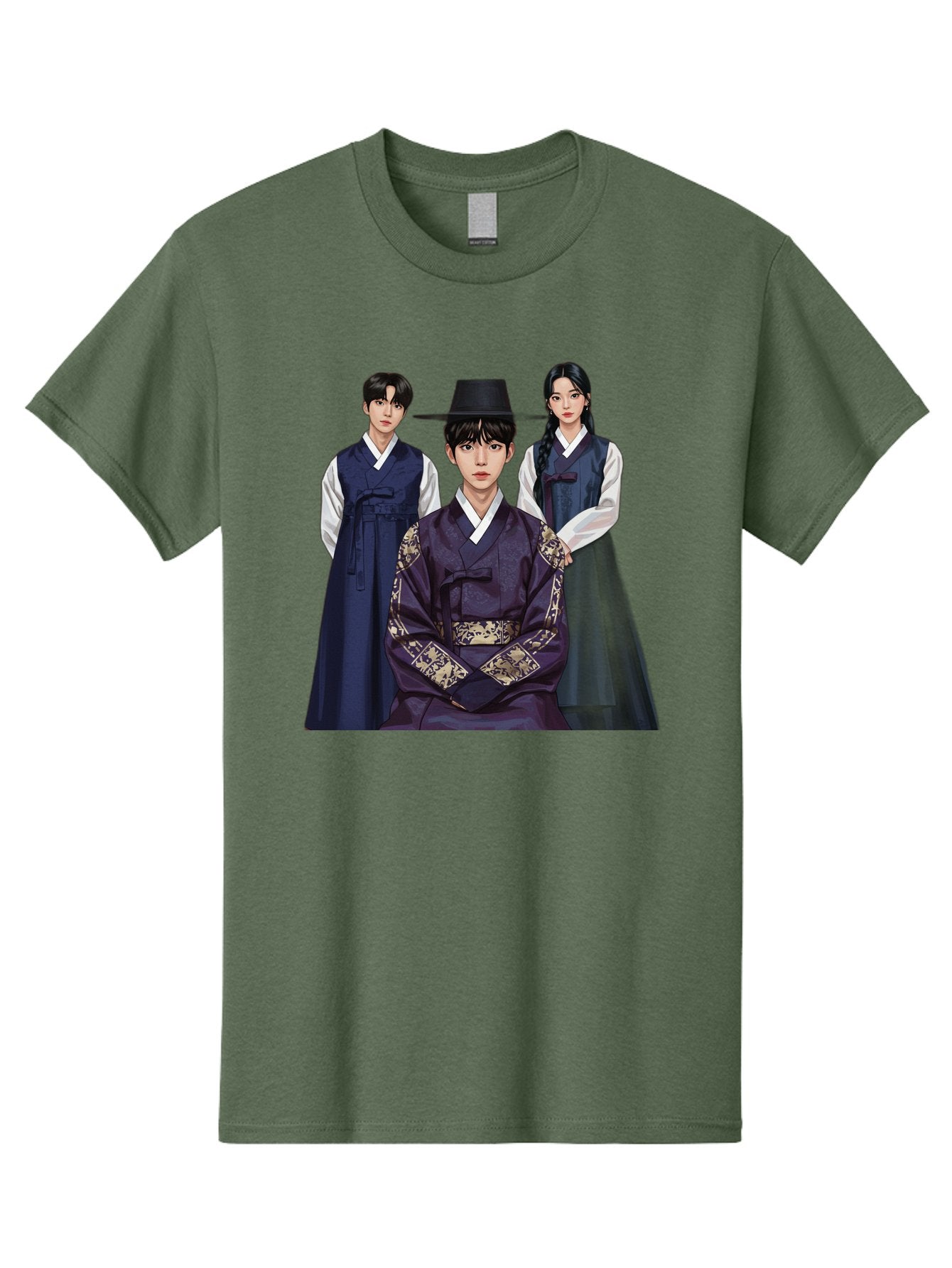 Hanbok-Trio Men'S Graphic Tee, 100% Cotton, Comfortable Casual Summer Wear, Machine Washable, Traditional Korean Clothing, Hanbok Fashion, Cultural Heritage, Korean Attire, Elegant Robes, Historical Dress, Ornate Patterns, Gold Accents, Bac019 3