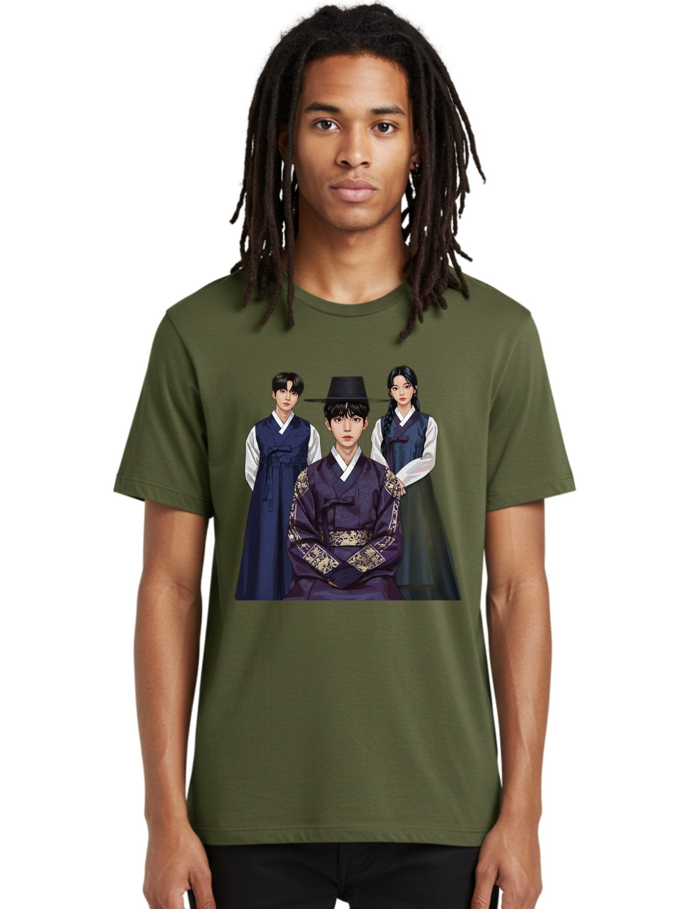 Hanbok-Trio Men'S Graphic Tee, 100% Cotton, Comfortable Casual Summer Wear, Machine Washable, Traditional Korean Clothing, Hanbok Fashion, Cultural Heritage, Korean Attire, Elegant Robes, Historical Dress, Ornate Patterns, Gold Accents, Bac019 22