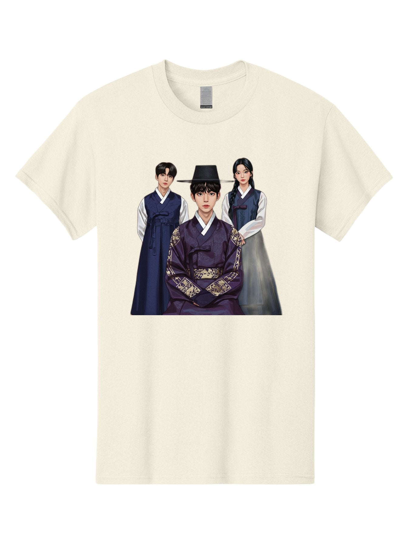 Hanbok-Trio Men'S Graphic Tee, 100% Cotton, Comfortable Casual Summer Wear, Machine Washable, Traditional Korean Clothing, Hanbok Fashion, Cultural Heritage, Korean Attire, Elegant Robes, Historical Dress, Ornate Patterns, Gold Accents, Bac019
