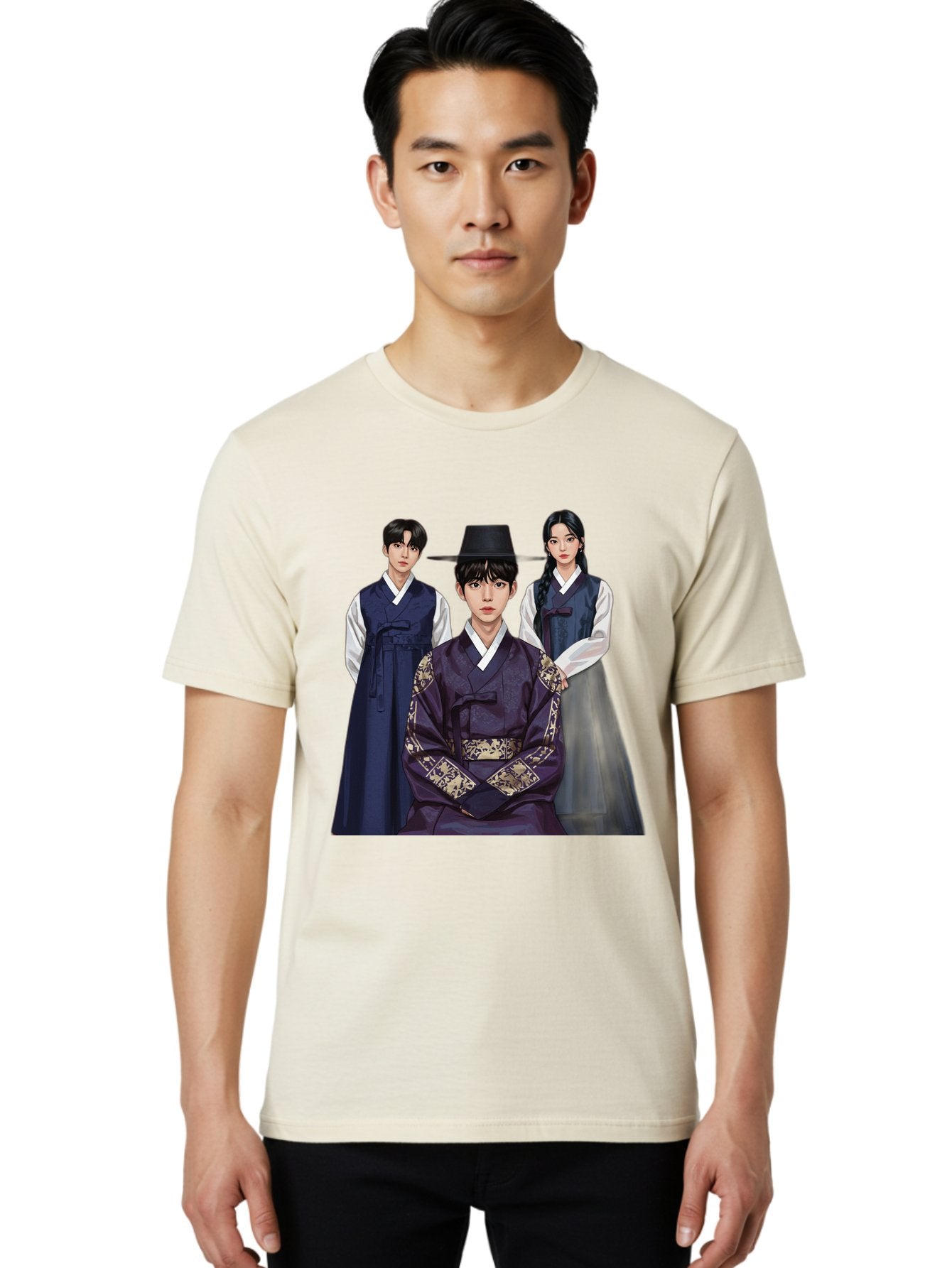 Hanbok-Trio Men'S Graphic Tee, 100% Cotton, Comfortable Casual Summer Wear, Machine Washable, Traditional Korean Clothing, Hanbok Fashion, Cultural Heritage, Korean Attire, Elegant Robes, Historical Dress, Ornate Patterns, Gold Accents, Bac019 21