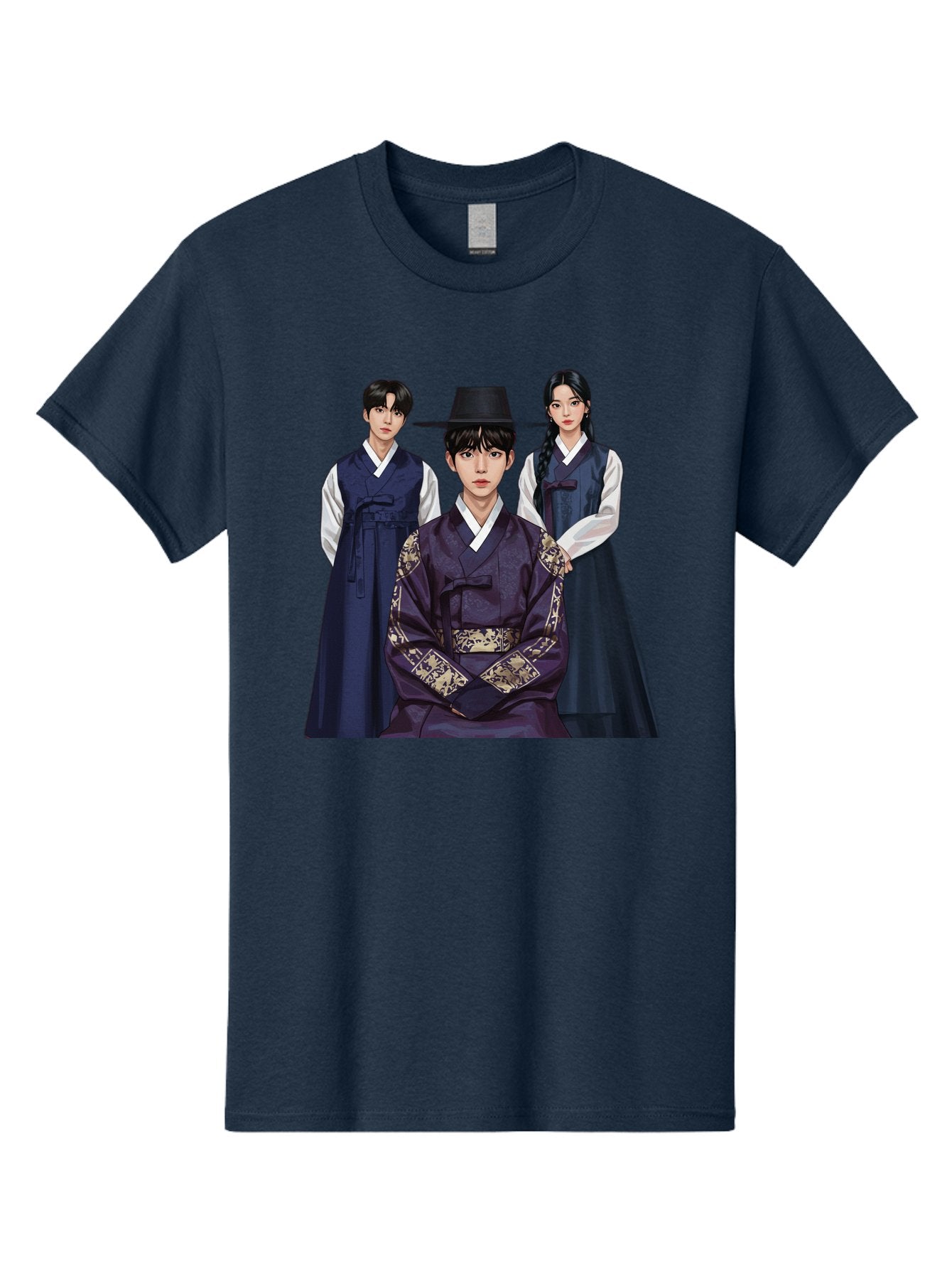 Hanbok-Trio Men'S Graphic Tee, 100% Cotton, Comfortable Casual Summer Wear, Machine Washable, Traditional Korean Clothing, Hanbok Fashion, Cultural Heritage, Korean Attire, Elegant Robes, Historical Dress, Ornate Patterns, Gold Accents, Bac019