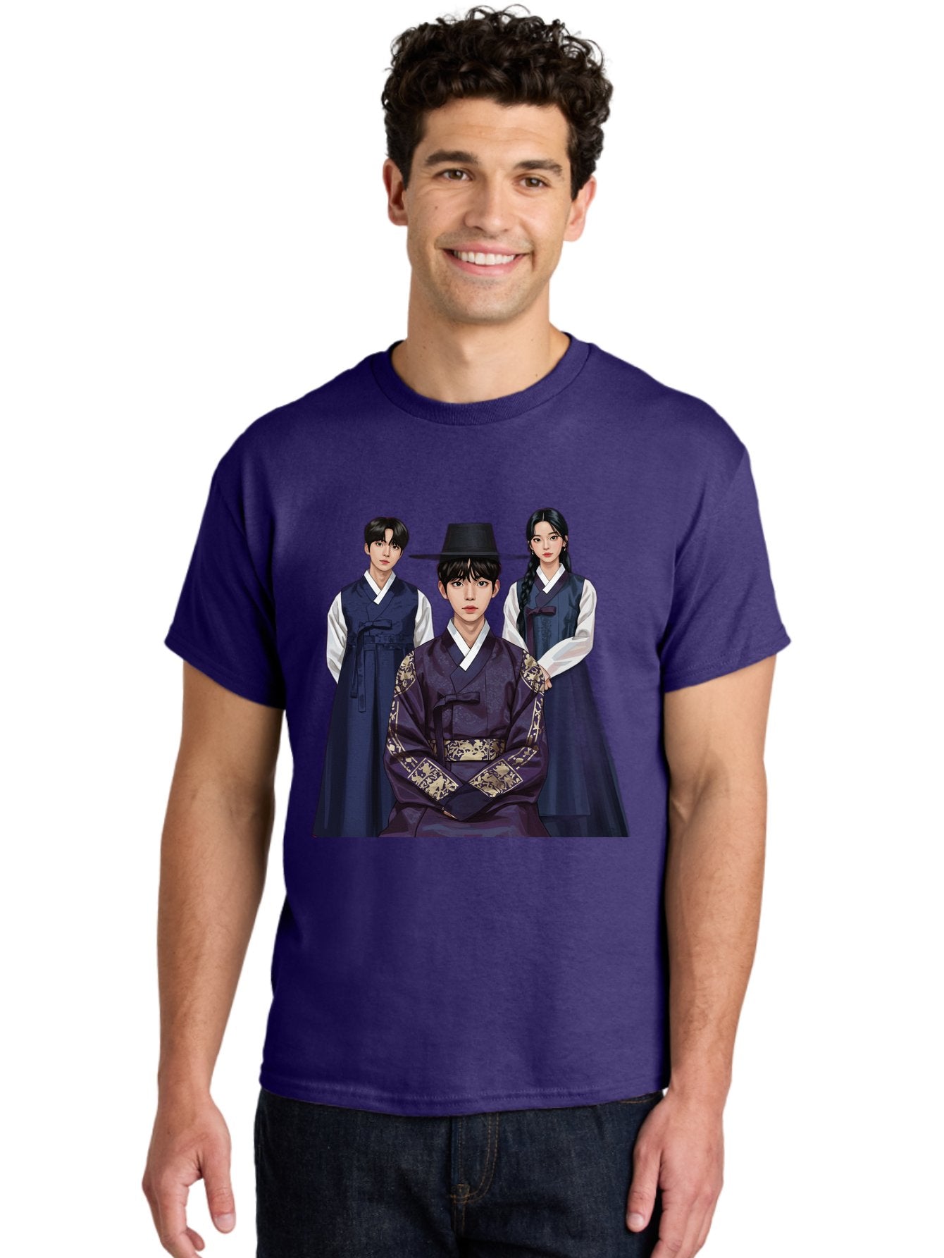 Hanbok-Trio Men'S Graphic Tee, 100% Cotton, Comfortable Casual Summer Wear, Machine Washable, Traditional Korean Clothing, Hanbok Fashion, Cultural Heritage, Korean Attire, Elegant Robes, Historical Dress, Ornate Patterns, Gold Accents, Bac019 28