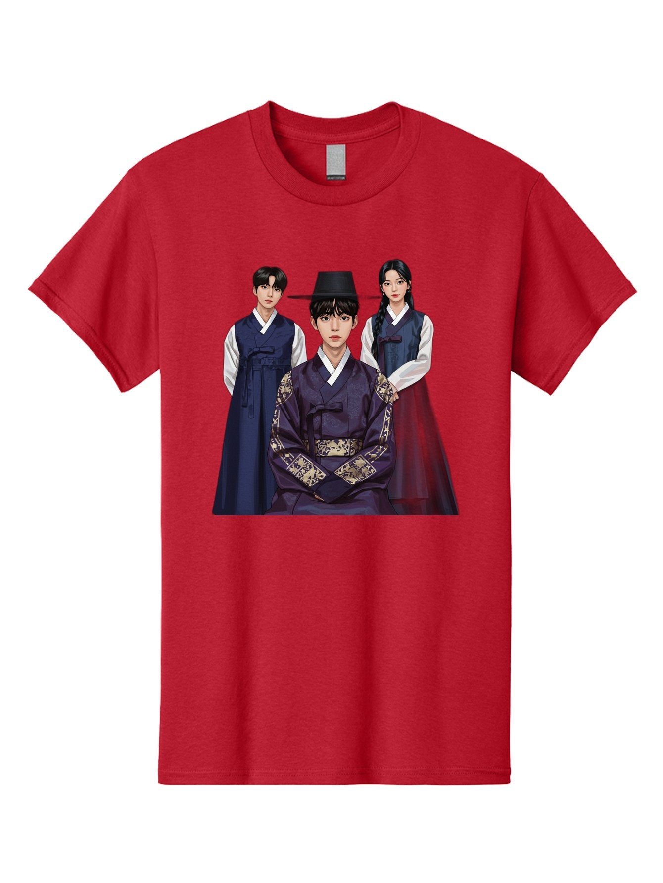 Hanbok-Trio Men'S Graphic Tee, 100% Cotton, Comfortable Casual Summer Wear, Machine Washable, Traditional Korean Clothing, Hanbok Fashion, Cultural Heritage, Korean Attire, Elegant Robes, Historical Dress, Ornate Patterns, Gold Accents, Bac019 6