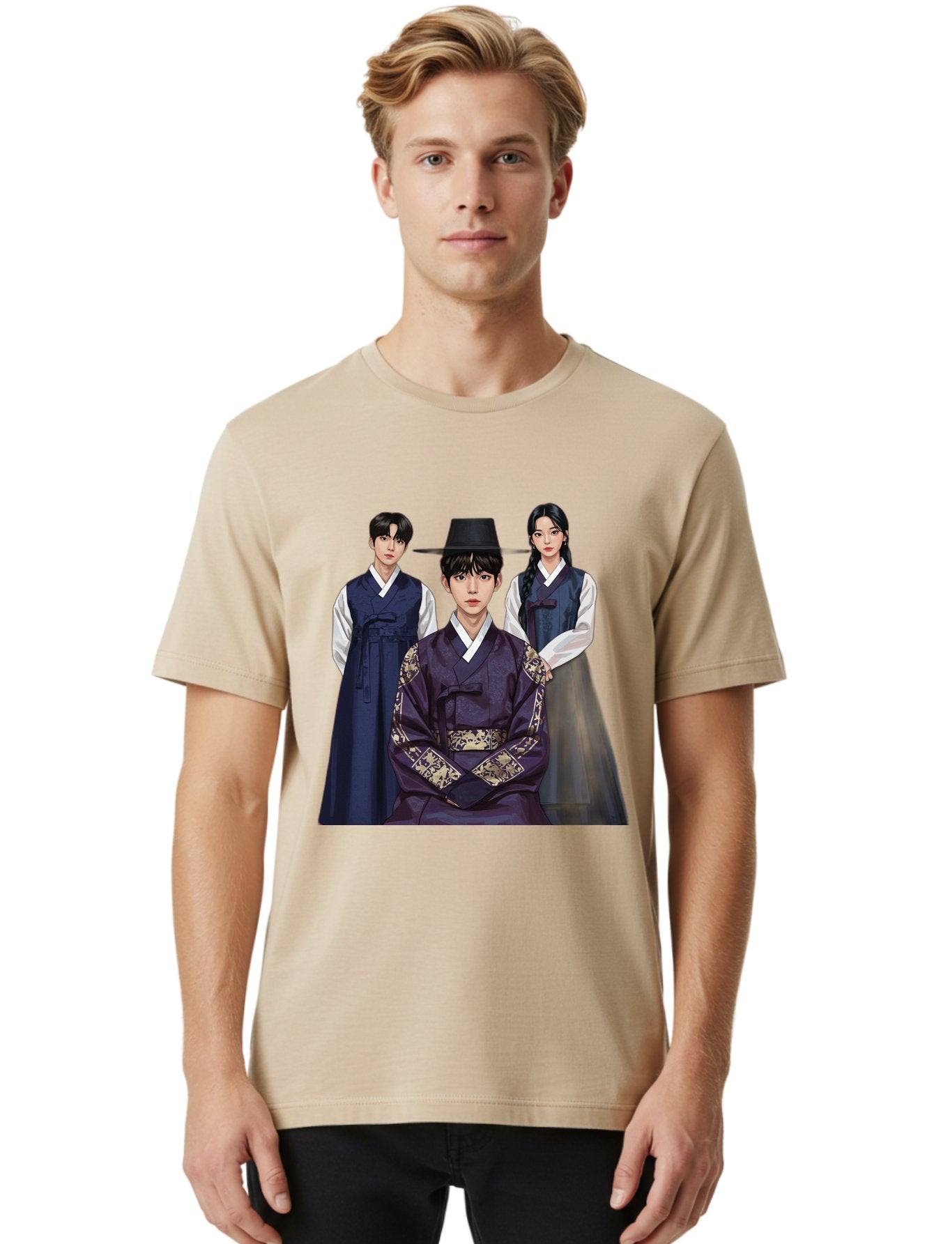 Hanbok-Trio Men'S Graphic Tee, 100% Cotton, Comfortable Casual Summer Wear, Machine Washable, Traditional Korean Clothing, Hanbok Fashion, Cultural Heritage, Korean Attire, Elegant Robes, Historical Dress, Ornate Patterns, Gold Accents, Bac019 18