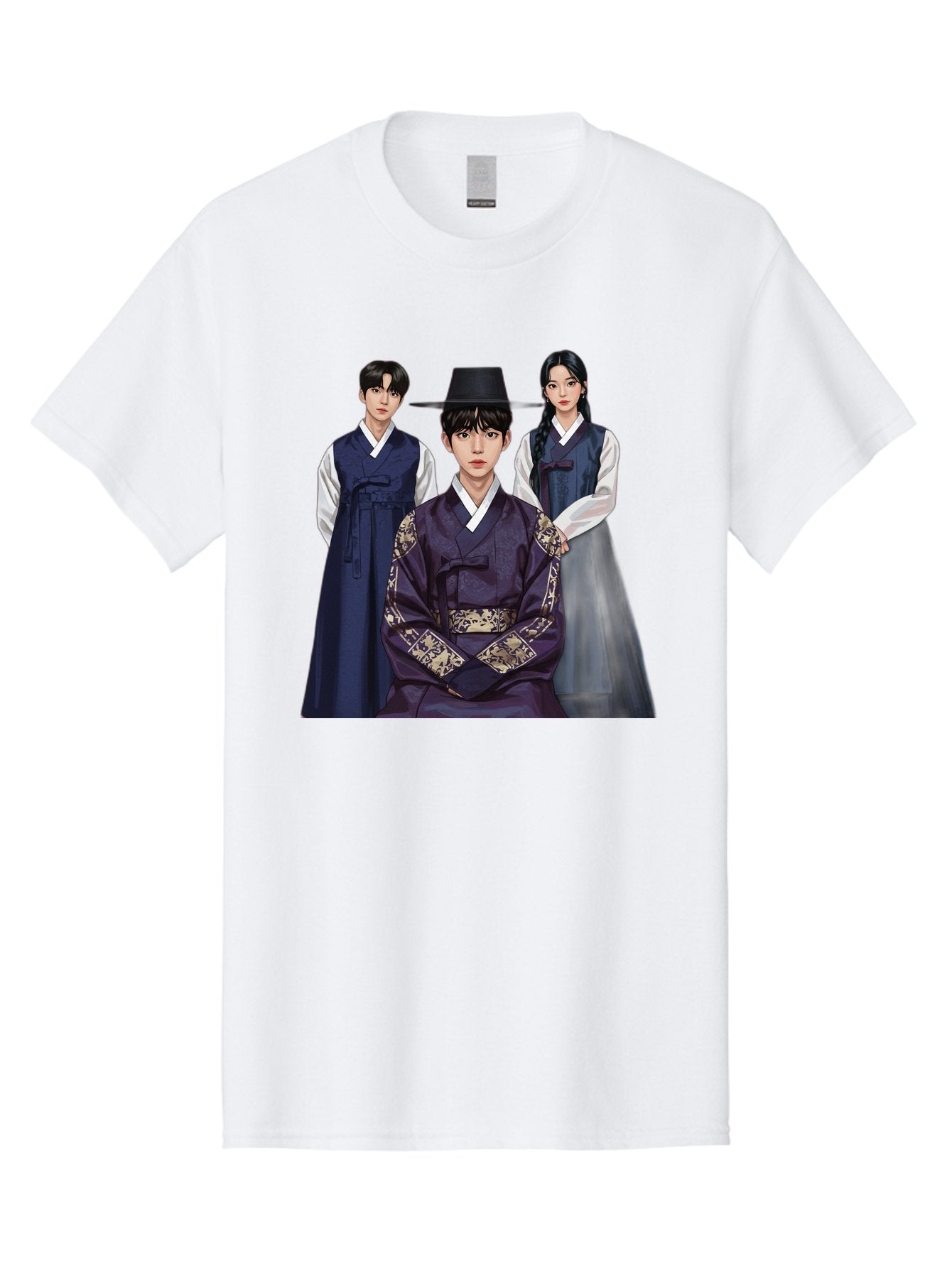 Hanbok-Trio Men'S Graphic Tee, 100% Cotton, Comfortable Casual Summer Wear, Machine Washable, Traditional Korean Clothing, Hanbok Fashion, Cultural Heritage, Korean Attire, Elegant Robes, Historical Dress, Ornate Patterns, Gold Accents, Bac019 15