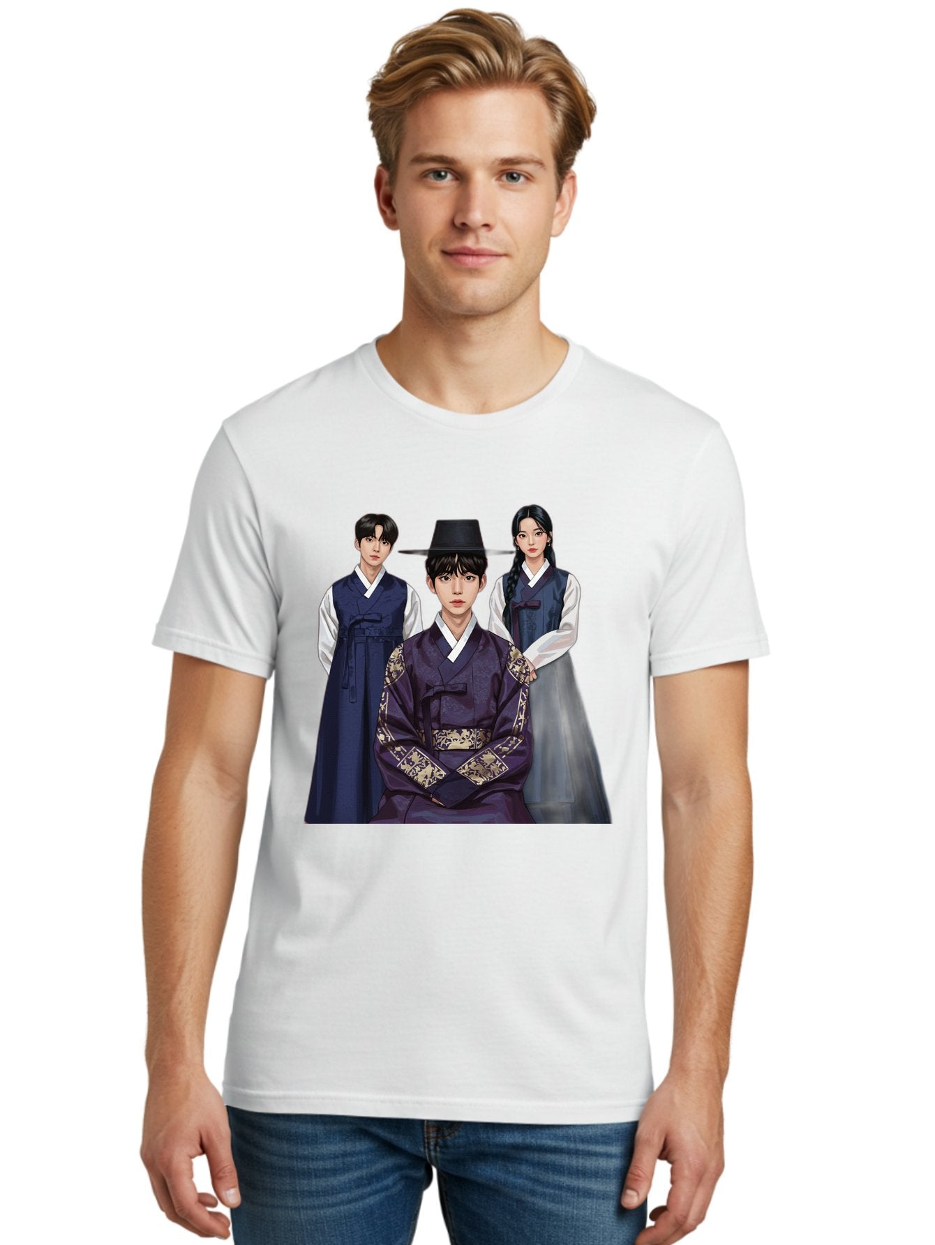 Hanbok-Trio Men'S Graphic Tee, 100% Cotton, Comfortable Casual Summer Wear, Machine Washable, Traditional Korean Clothing, Hanbok Fashion, Cultural Heritage, Korean Attire, Elegant Robes, Historical Dress, Ornate Patterns, Gold Accents, Bac019 30