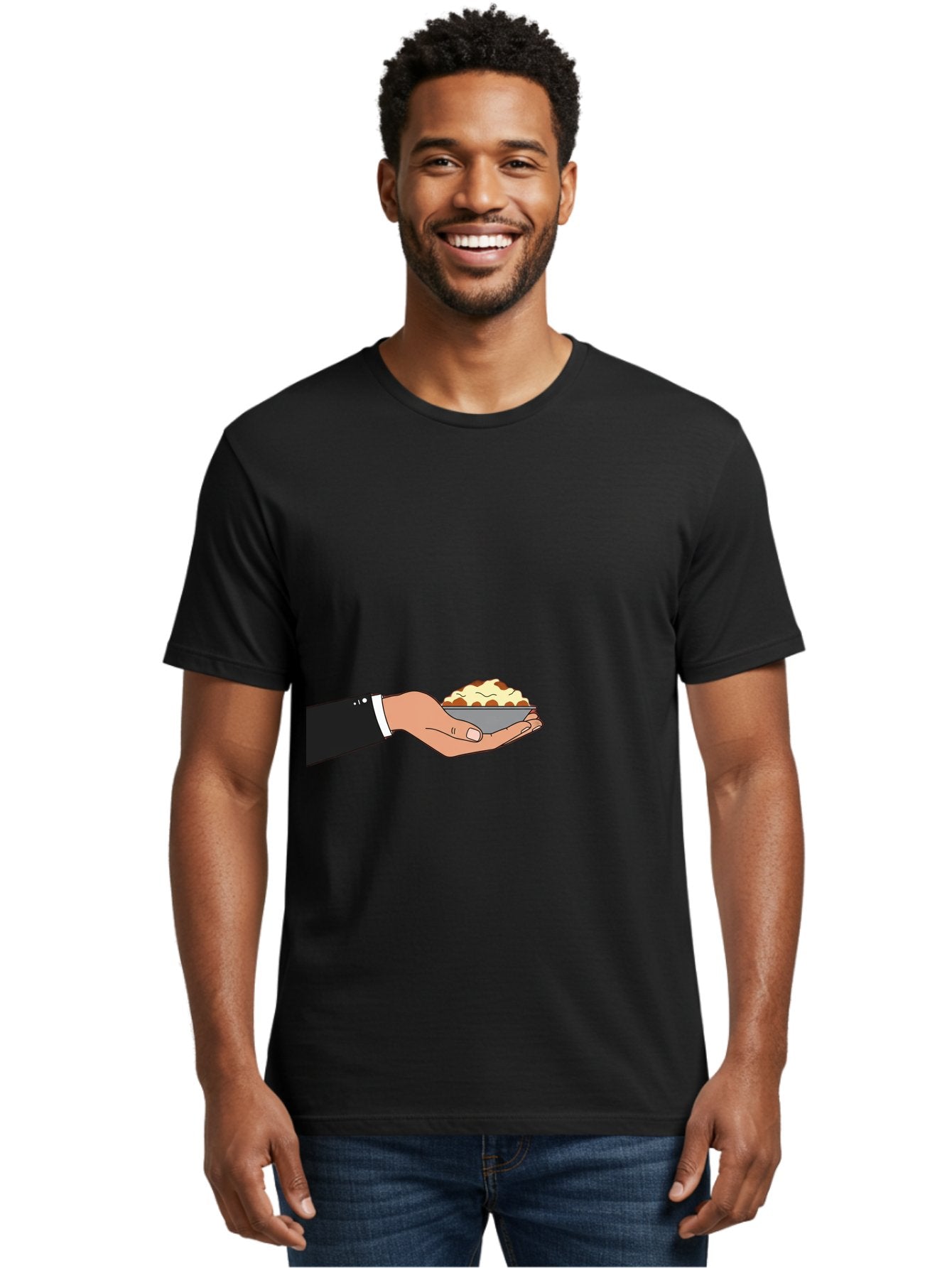 Hand-Holding-Bowl Men'S Graphic Tee, 100% Cotton, Comfortable Casual Summer Wear, Machine Washable, Hand Holding Bowl, Cartoon Style, Food Presentation, Serving Dish, Culinary Illustration, Serving Staff, Dinner Service, Food Art, Bac020 26