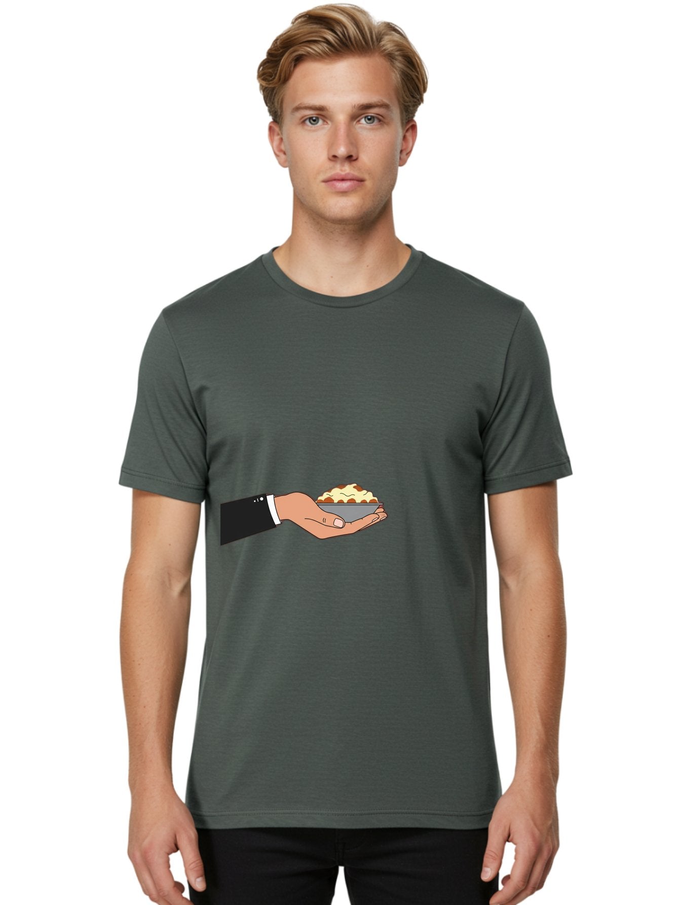 Hand-Holding-Bowl Men'S Graphic Tee, 100% Cotton, Comfortable Casual Summer Wear, Machine Washable, Hand Holding Bowl, Cartoon Style, Food Presentation, Serving Dish, Culinary Illustration, Serving Staff, Dinner Service, Food Art, Bac020 30