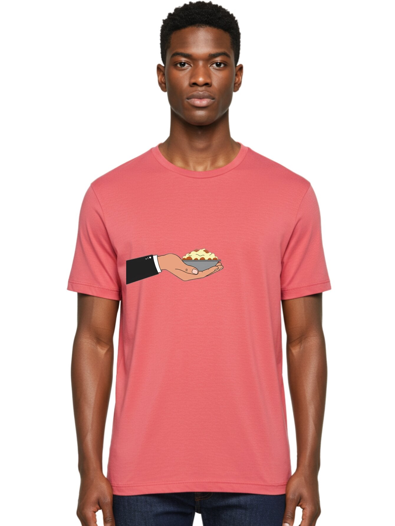 Hand-Holding-Bowl Men'S Graphic Tee, 100% Cotton, Comfortable Casual Summer Wear, Machine Washable, Hand Holding Bowl, Cartoon Style, Food Presentation, Serving Dish, Culinary Illustration, Serving Staff, Dinner Service, Food Art, Bac020 28