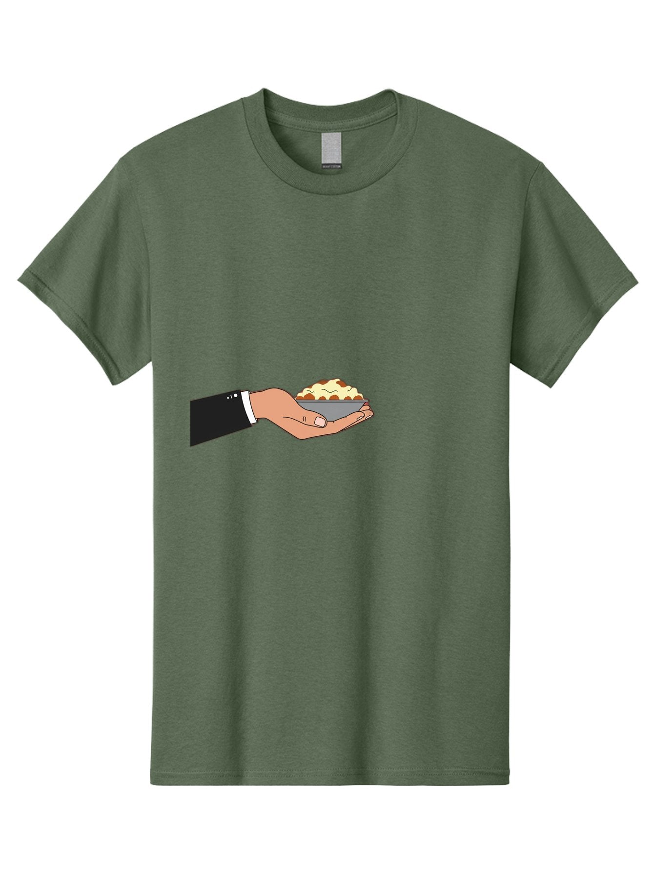 Hand-Holding-Bowl Men'S Graphic Tee, 100% Cotton, Comfortable Casual Summer Wear, Machine Washable, Hand Holding Bowl, Cartoon Style, Food Presentation, Serving Dish, Culinary Illustration, Serving Staff, Dinner Service, Food Art, Bac020