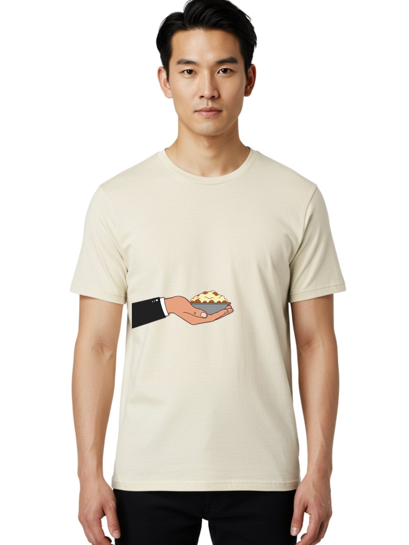 Hand-Holding-Bowl Men'S Graphic Tee, 100% Cotton, Comfortable Casual Summer Wear, Machine Washable, Hand Holding Bowl, Cartoon Style, Food Presentation, Serving Dish, Culinary Illustration, Serving Staff, Dinner Service, Food Art, Bac020 16