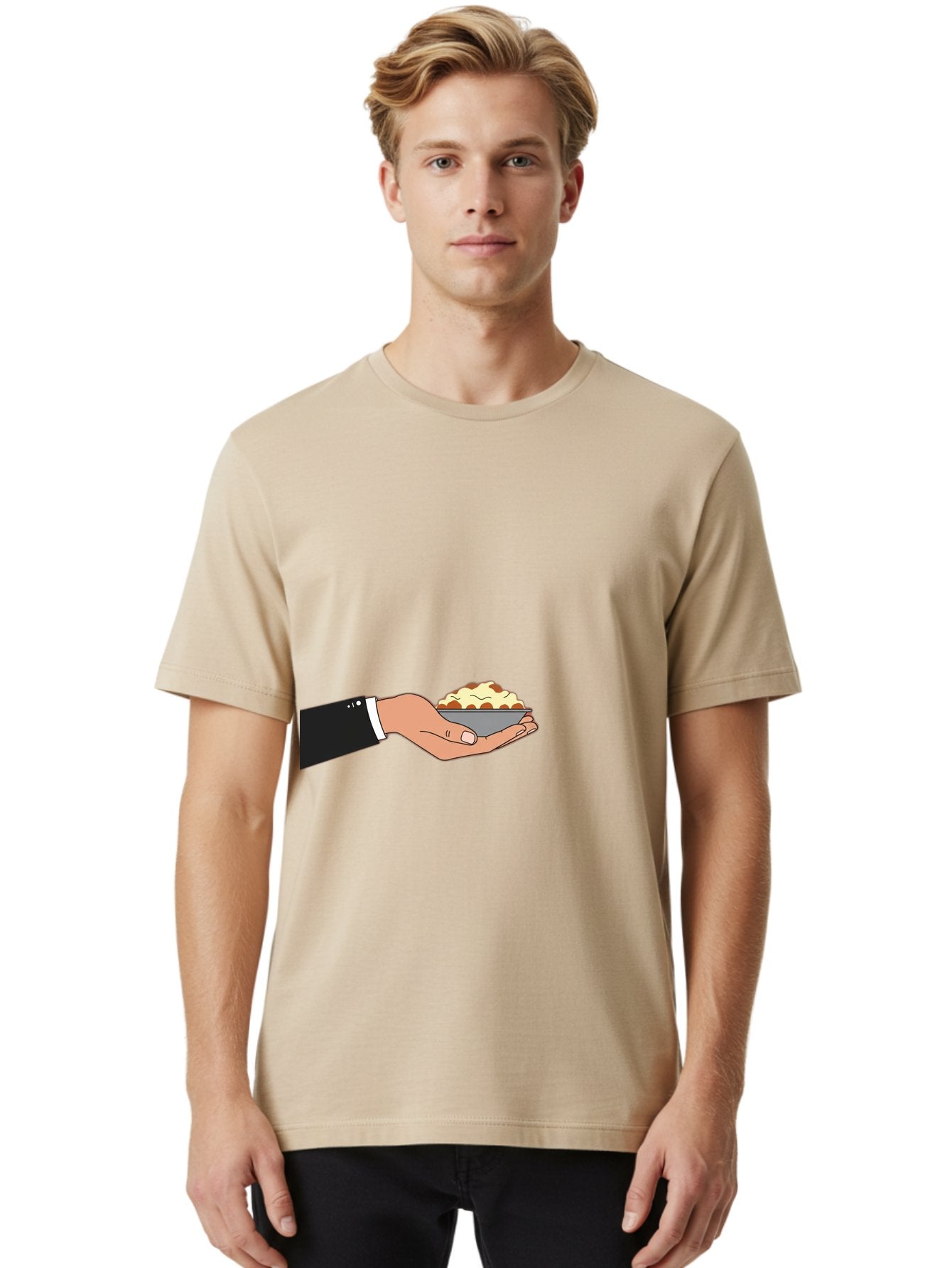 Hand-Holding-Bowl Men'S Graphic Tee, 100% Cotton, Comfortable Casual Summer Wear, Machine Washable, Hand Holding Bowl, Cartoon Style, Food Presentation, Serving Dish, Culinary Illustration, Serving Staff, Dinner Service, Food Art, Bac020 22
