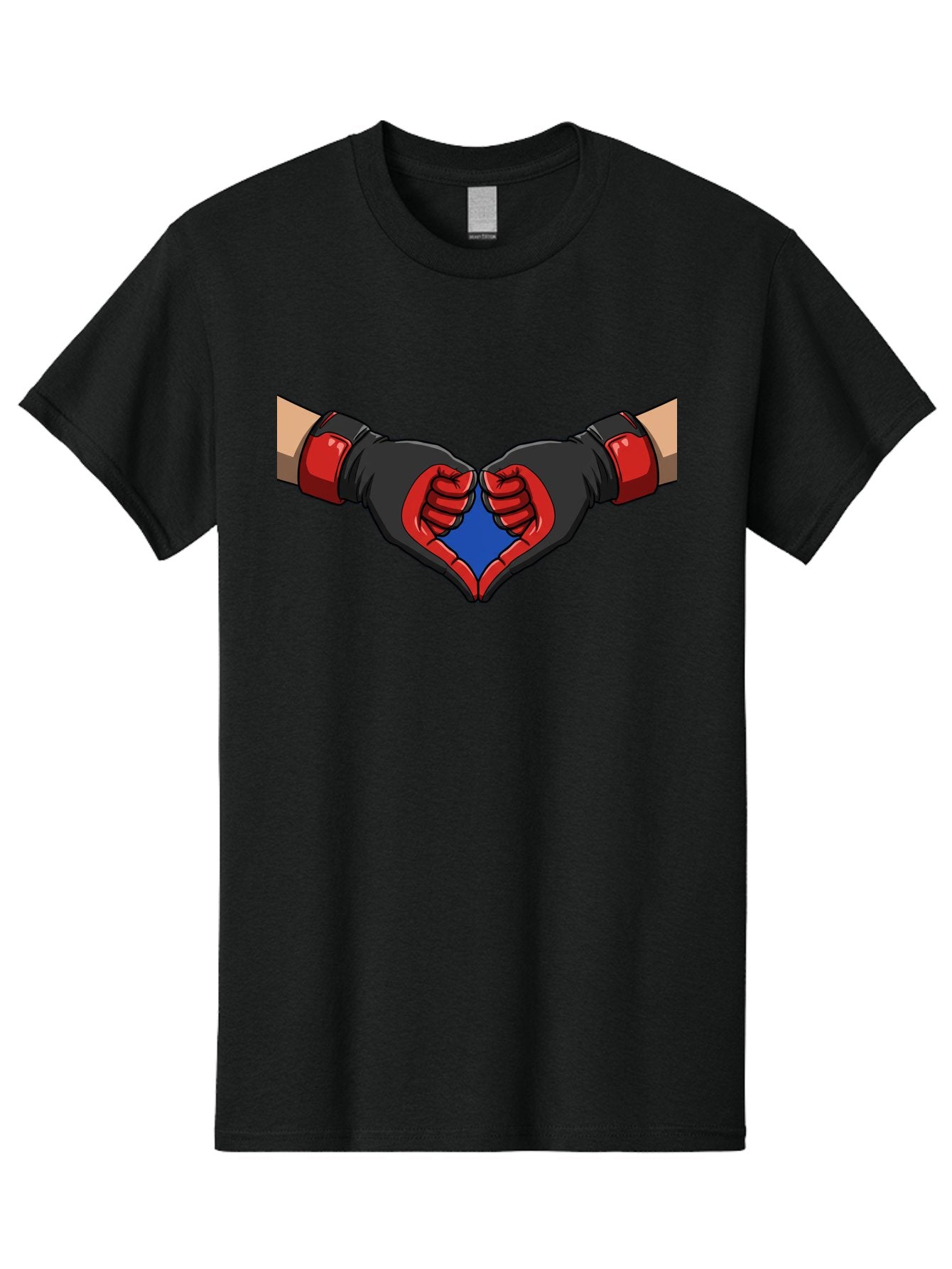 Hands-Forming-Heart-2 Men'S Graphic Tee, 100% Cotton, Comfortable Casual Summer Wear, Machine Washable, Hands Forming A Heart Shape, Black And Red Boxing Gloves, Blue Heart Center, Cartoon Illustration, Hand Gesture, Symbolic Heart Shape, Bac023 13