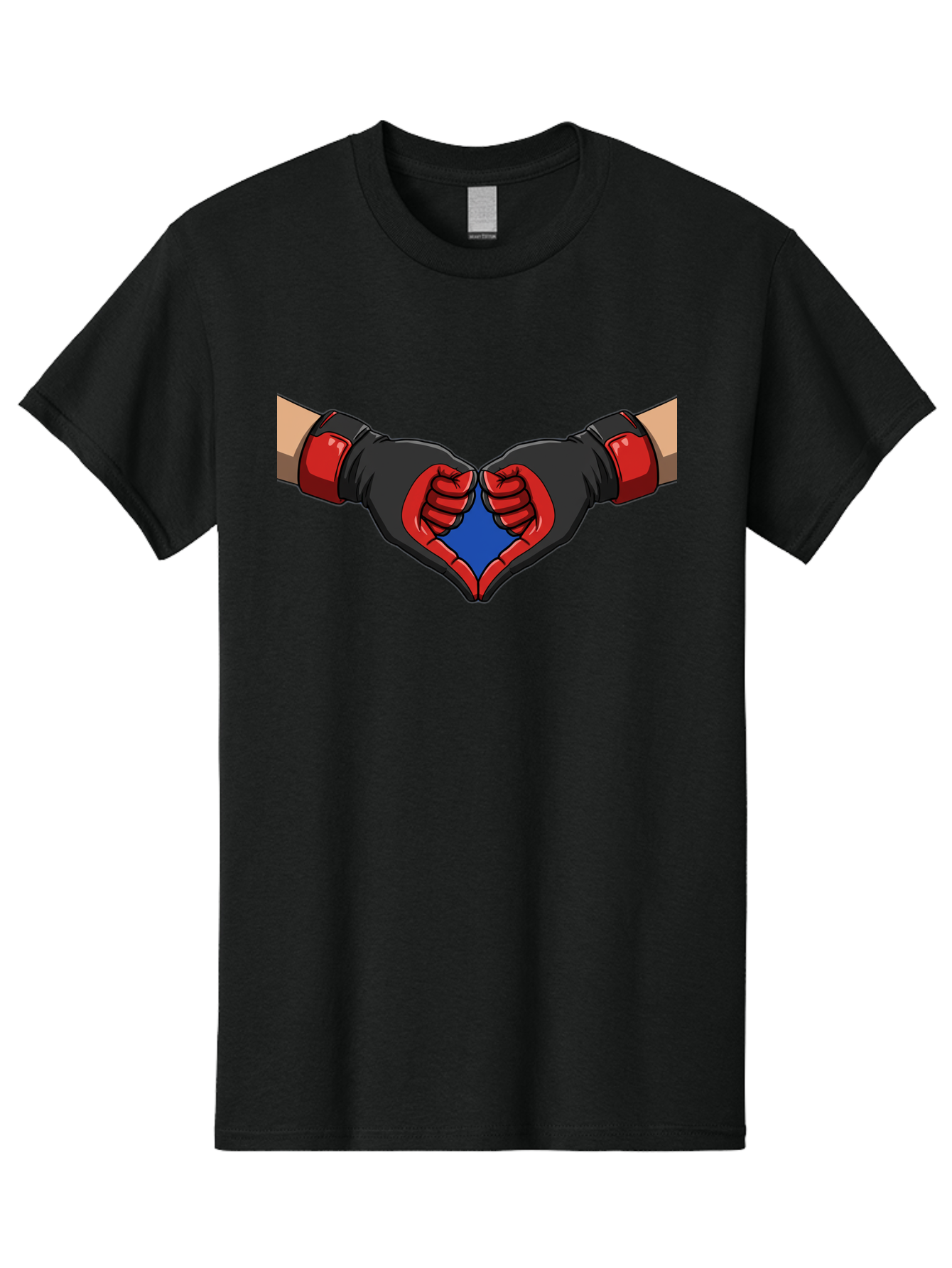 Hands-Forming-Heart-2 Men'S Graphic Tee, 100% Cotton, Comfortable Casual Summer Wear, Machine Washable, Hands Forming A Heart Shape, Black And Red Boxing Gloves, Blue Heart Center, Cartoon Illustration, Hand Gesture, Symbolic Heart Shape, Bac023 15