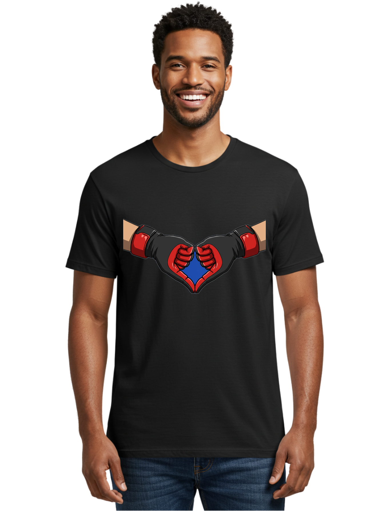 Hands-Forming-Heart-2 Men'S Graphic Tee, 100% Cotton, Comfortable Casual Summer Wear, Machine Washable, Hands Forming A Heart Shape, Black And Red Boxing Gloves, Blue Heart Center, Cartoon Illustration, Hand Gesture, Symbolic Heart Shape, Bac023 30