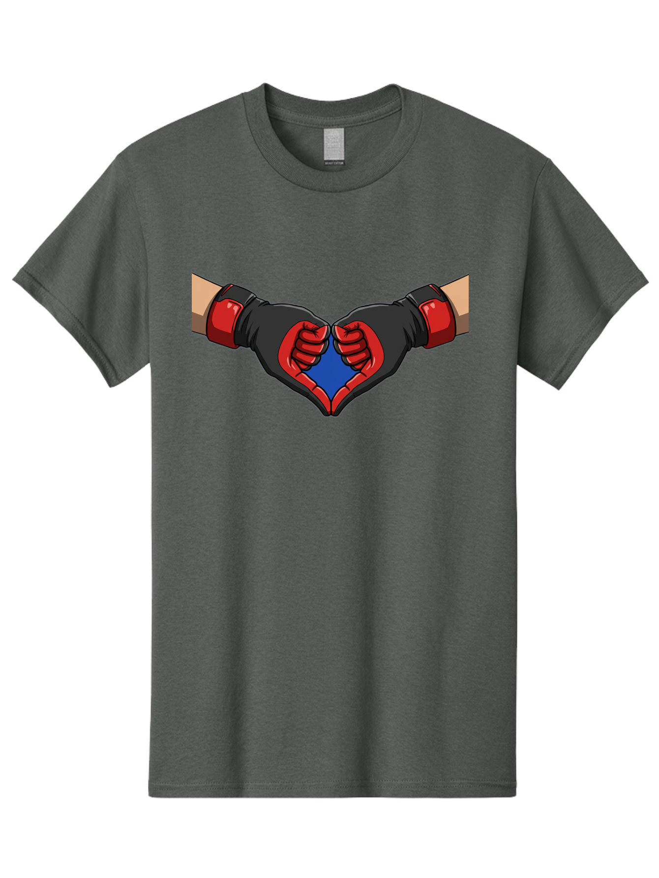 Hands-Forming-Heart-2 Men'S Graphic Tee, 100% Cotton, Comfortable Casual Summer Wear, Machine Washable, Hands Forming A Heart Shape, Black And Red Boxing Gloves, Blue Heart Center, Cartoon Illustration, Hand Gesture, Symbolic Heart Shape, Bac023 3
