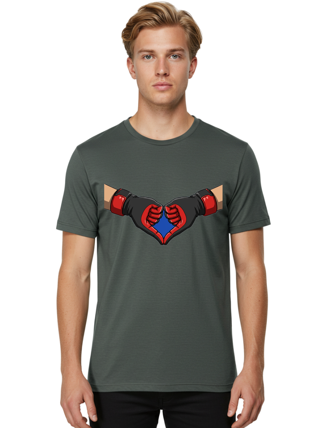 Hands-Forming-Heart-2 Men'S Graphic Tee, 100% Cotton, Comfortable Casual Summer Wear, Machine Washable, Hands Forming A Heart Shape, Black And Red Boxing Gloves, Blue Heart Center, Cartoon Illustration, Hand Gesture, Symbolic Heart Shape, Bac023 18