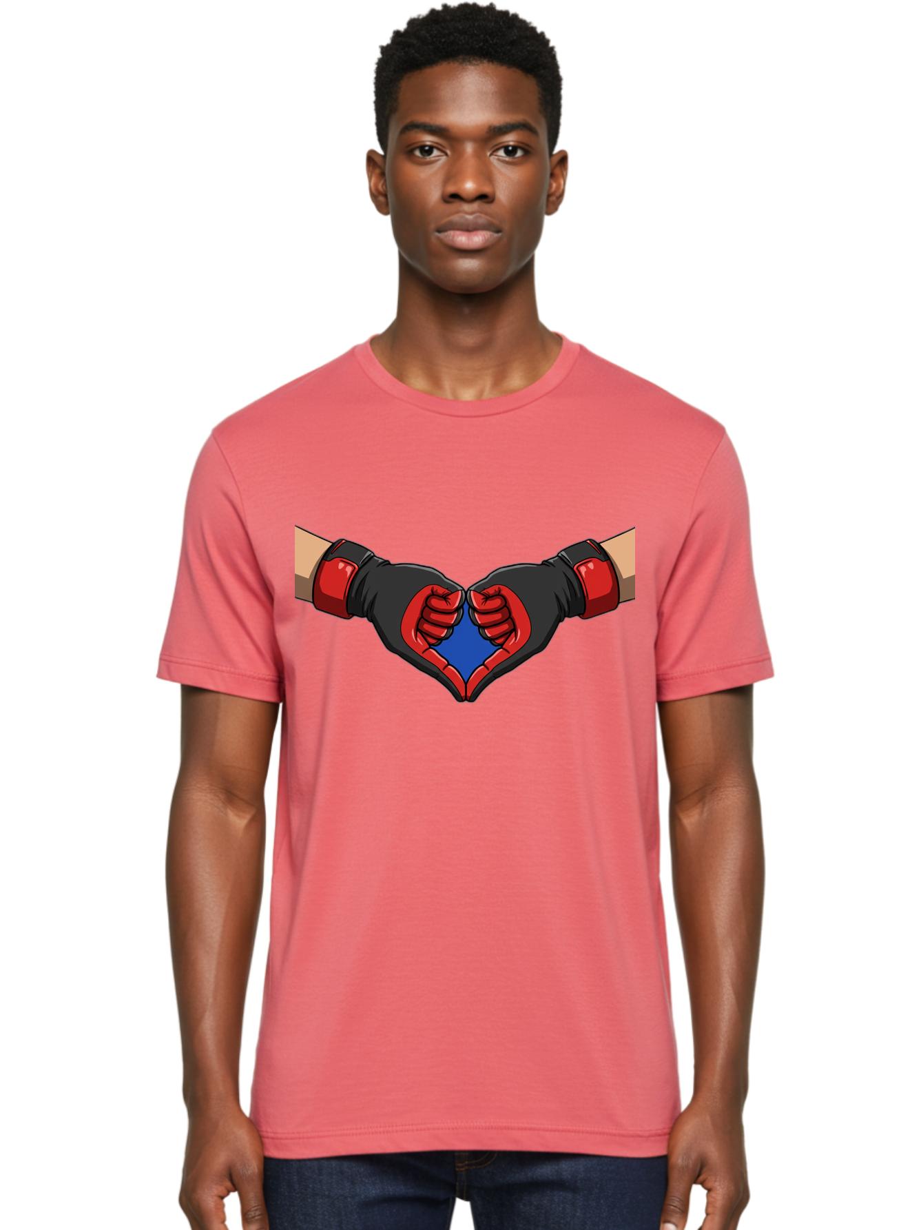 Hands-Forming-Heart-2 Men'S Graphic Tee, 100% Cotton, Comfortable Casual Summer Wear, Machine Washable, Hands Forming A Heart Shape, Black And Red Boxing Gloves, Blue Heart Center, Cartoon Illustration, Hand Gesture, Symbolic Heart Shape, Bac023 23