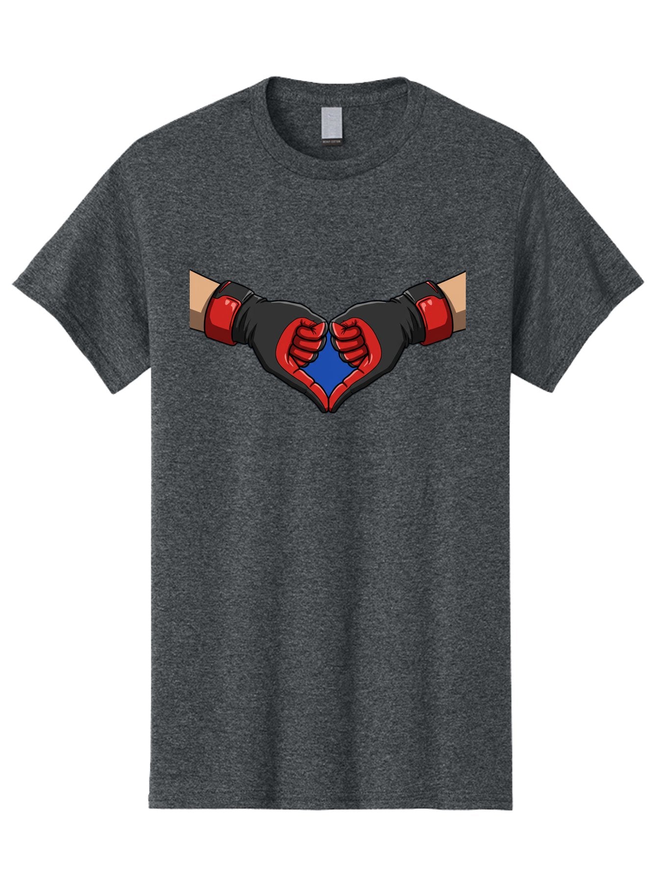 Hands-Forming-Heart-2 Men'S Graphic Tee, 100% Cotton, Comfortable Casual Summer Wear, Machine Washable, Hands Forming A Heart Shape, Black And Red Boxing Gloves, Blue Heart Center, Cartoon Illustration, Hand Gesture, Symbolic Heart Shape, Bac023 14