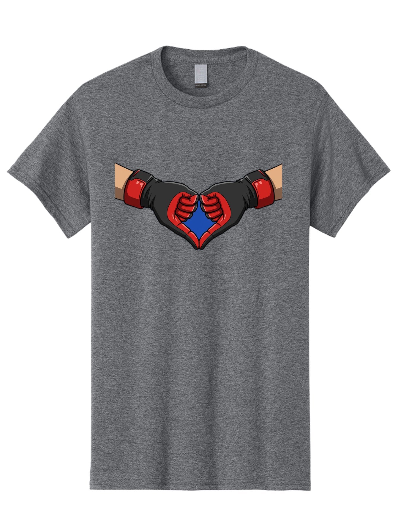 Hands-Forming-Heart-2 Men'S Graphic Tee, 100% Cotton, Comfortable Casual Summer Wear, Machine Washable, Hands Forming A Heart Shape, Black And Red Boxing Gloves, Blue Heart Center, Cartoon Illustration, Hand Gesture, Symbolic Heart Shape, Bac023 15