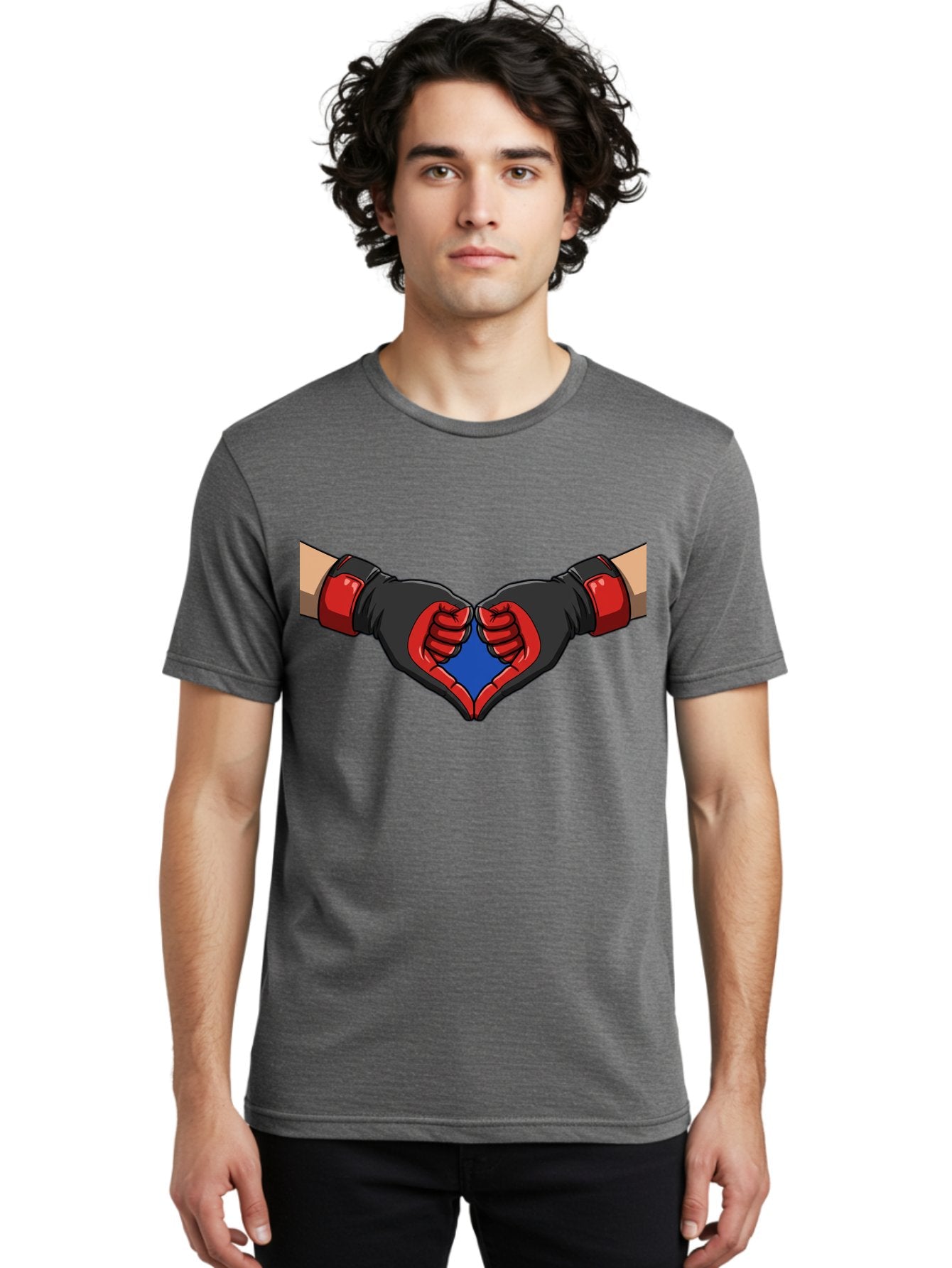 Hands-Forming-Heart-2 Men'S Graphic Tee, 100% Cotton, Comfortable Casual Summer Wear, Machine Washable, Hands Forming A Heart Shape, Black And Red Boxing Gloves, Blue Heart Center, Cartoon Illustration, Hand Gesture, Symbolic Heart Shape, Bac023 30