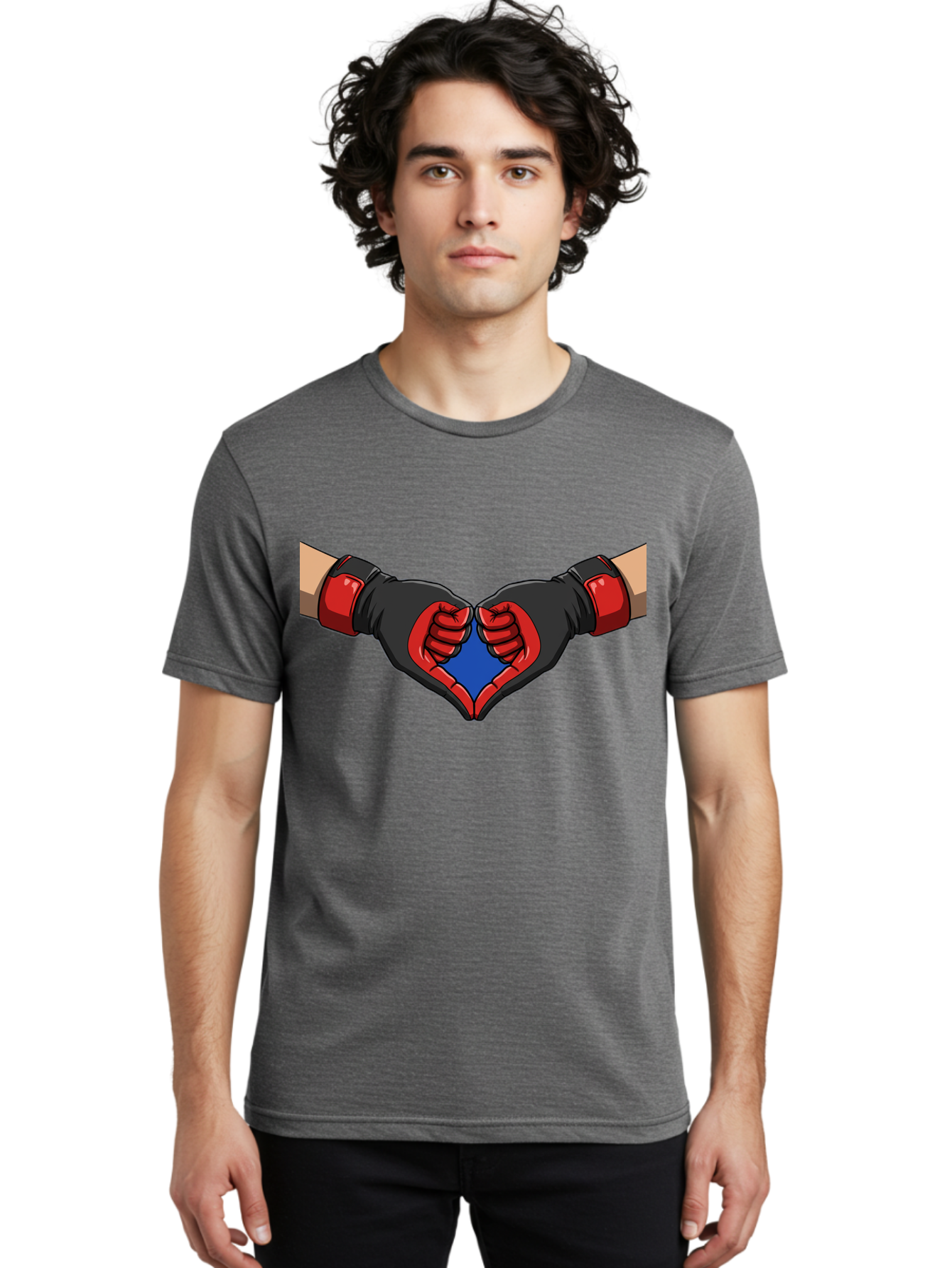 Hands-Forming-Heart-2 Men'S Graphic Tee, 100% Cotton, Comfortable Casual Summer Wear, Machine Washable, Hands Forming A Heart Shape, Black And Red Boxing Gloves, Blue Heart Center, Cartoon Illustration, Hand Gesture, Symbolic Heart Shape, Bac023 16