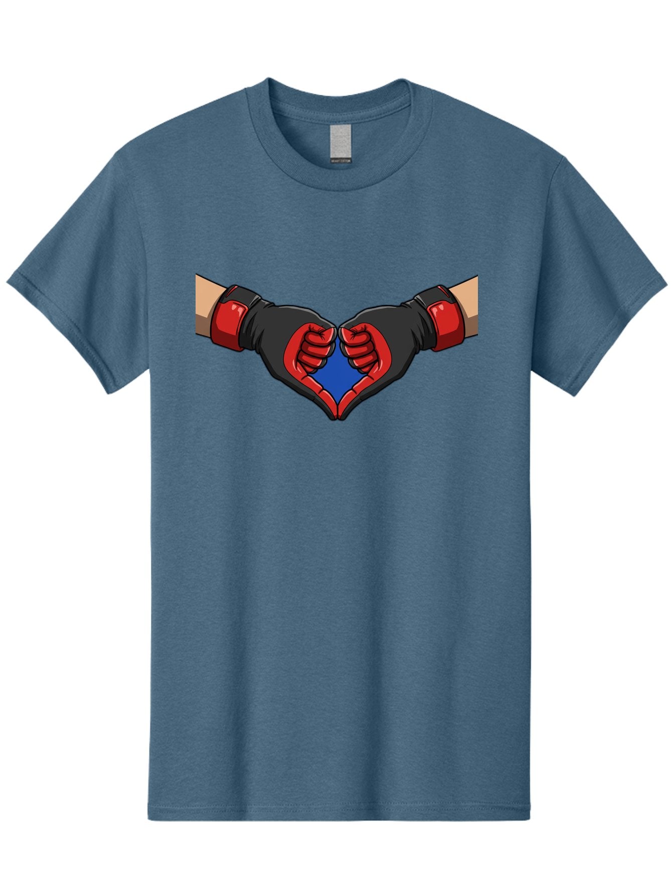 Hands-Forming-Heart-2 Men'S Graphic Tee, 100% Cotton, Comfortable Casual Summer Wear, Machine Washable, Hands Forming A Heart Shape, Black And Red Boxing Gloves, Blue Heart Center, Cartoon Illustration, Hand Gesture, Symbolic Heart Shape, Bac023