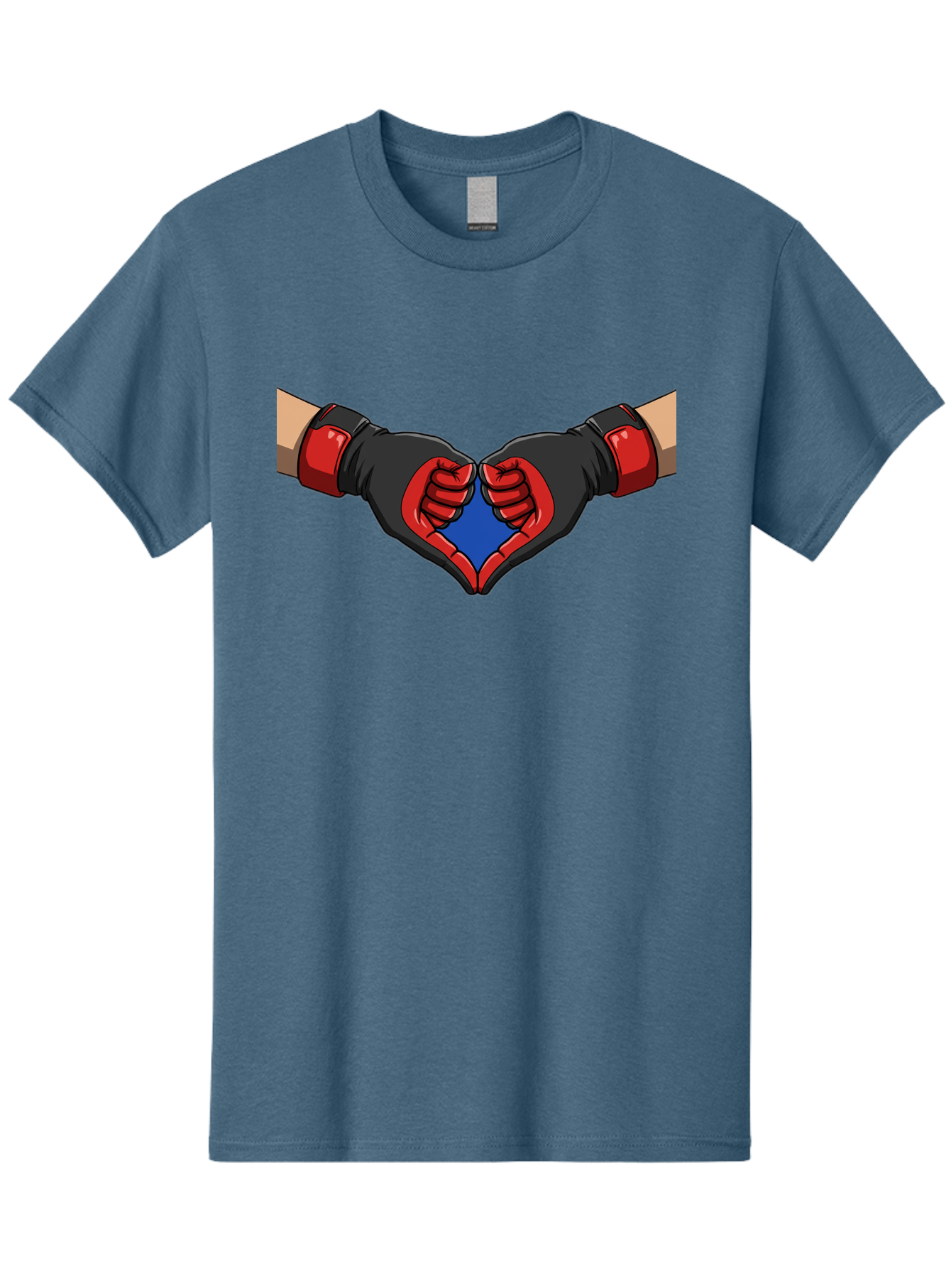 Hands-Forming-Heart-2 Men'S Graphic Tee, 100% Cotton, Comfortable Casual Summer Wear, Machine Washable, Hands Forming A Heart Shape, Black And Red Boxing Gloves, Blue Heart Center, Cartoon Illustration, Hand Gesture, Symbolic Heart Shape, Bac023 11