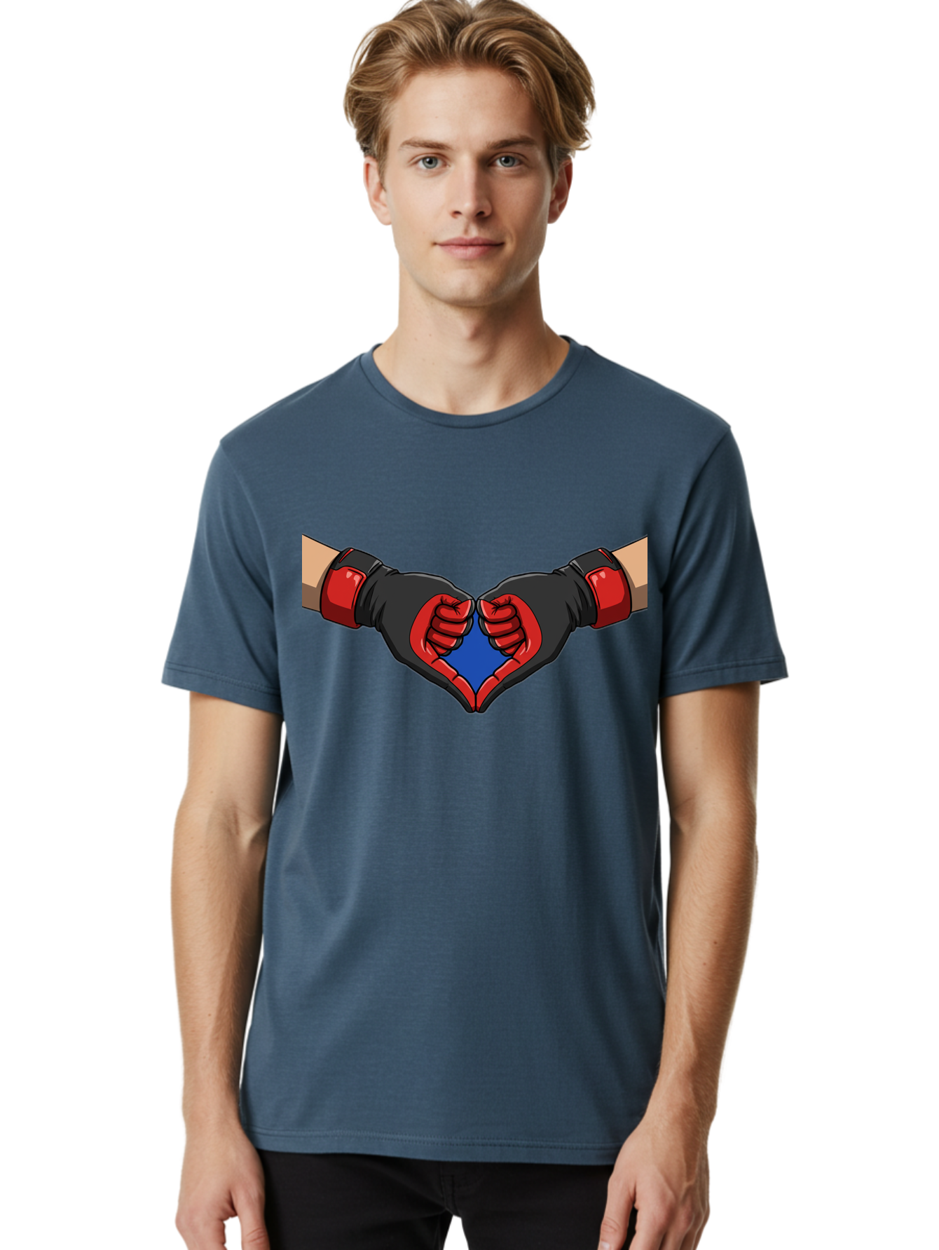 Hands-Forming-Heart-2 Men'S Graphic Tee, 100% Cotton, Comfortable Casual Summer Wear, Machine Washable, Hands Forming A Heart Shape, Black And Red Boxing Gloves, Blue Heart Center, Cartoon Illustration, Hand Gesture, Symbolic Heart Shape, Bac023 26