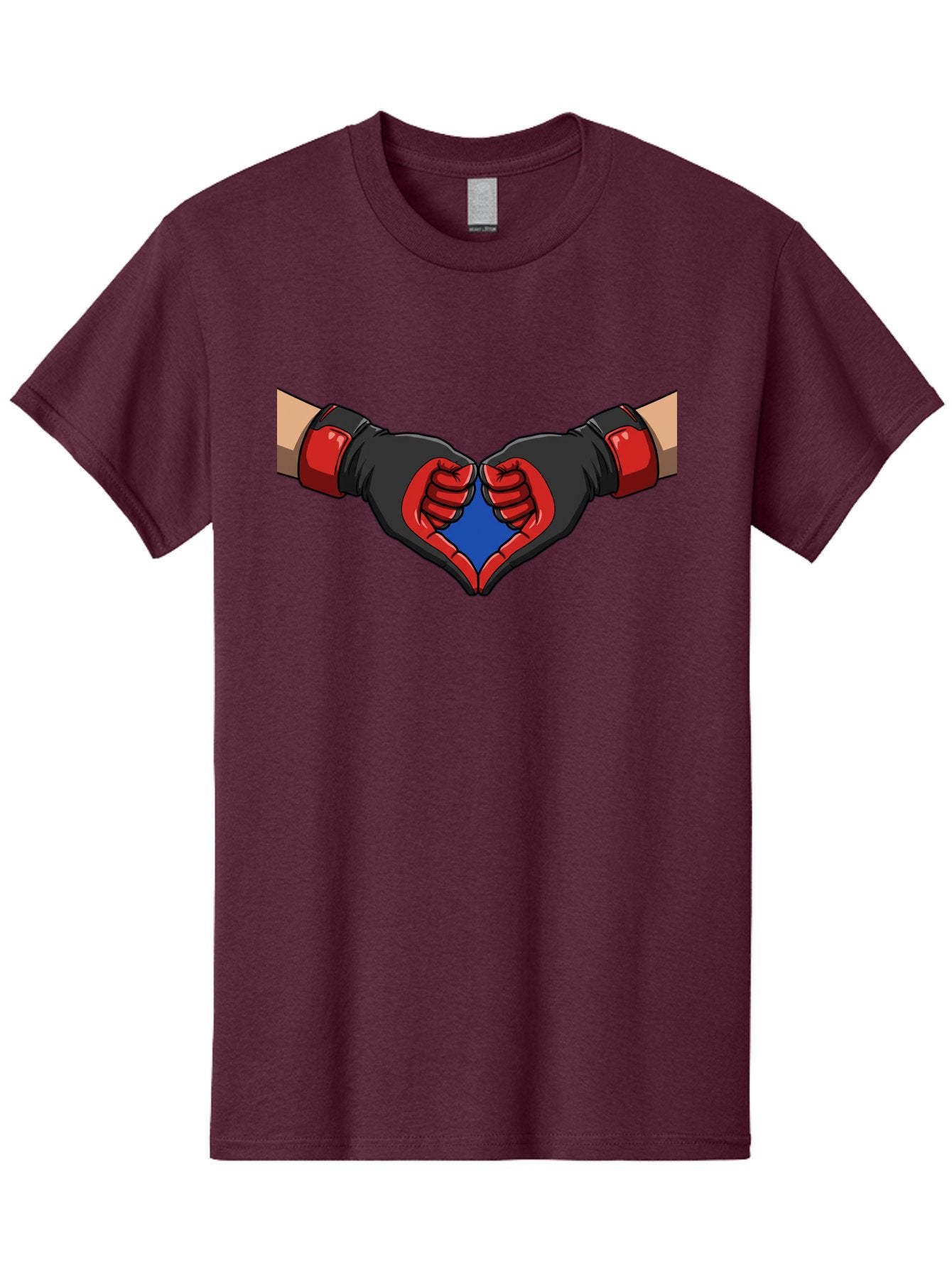 Hands-Forming-Heart-2 Men'S Graphic Tee, 100% Cotton, Comfortable Casual Summer Wear, Machine Washable, Hands Forming A Heart Shape, Black And Red Boxing Gloves, Blue Heart Center, Cartoon Illustration, Hand Gesture, Symbolic Heart Shape, Bac023 7