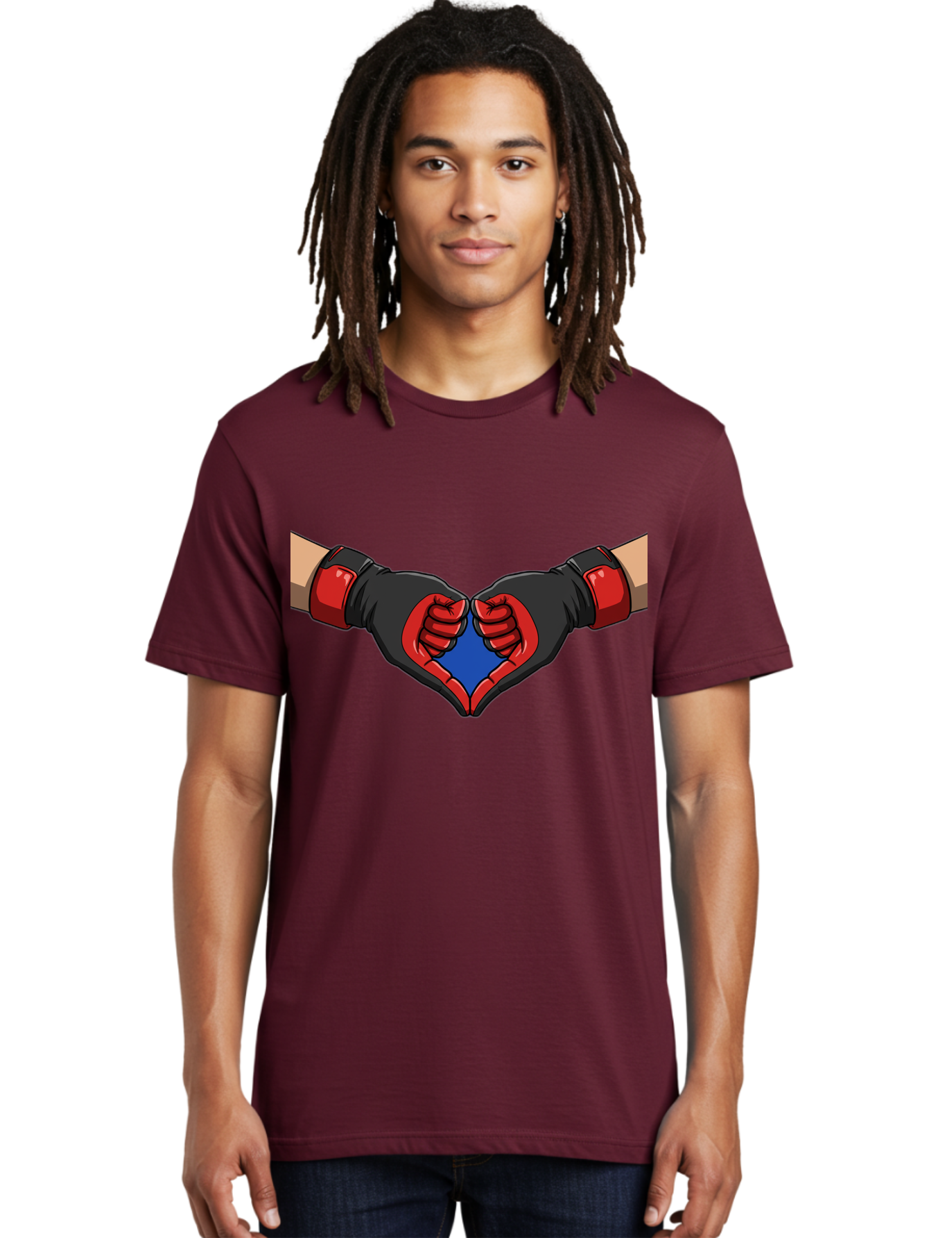 Hands-Forming-Heart-2 Men'S Graphic Tee, 100% Cotton, Comfortable Casual Summer Wear, Machine Washable, Hands Forming A Heart Shape, Black And Red Boxing Gloves, Blue Heart Center, Cartoon Illustration, Hand Gesture, Symbolic Heart Shape, Bac023 28