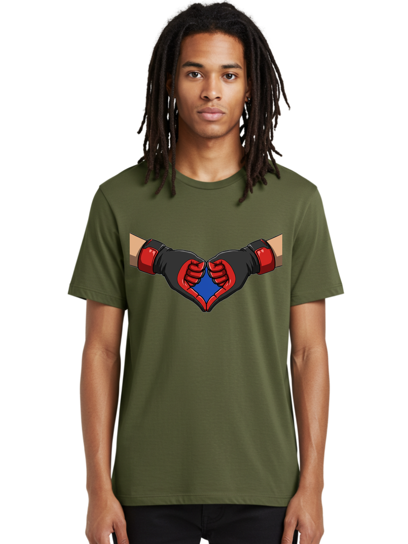 Hands-Forming-Heart-2 Men'S Graphic Tee, 100% Cotton, Comfortable Casual Summer Wear, Machine Washable, Hands Forming A Heart Shape, Black And Red Boxing Gloves, Blue Heart Center, Cartoon Illustration, Hand Gesture, Symbolic Heart Shape, Bac023 19