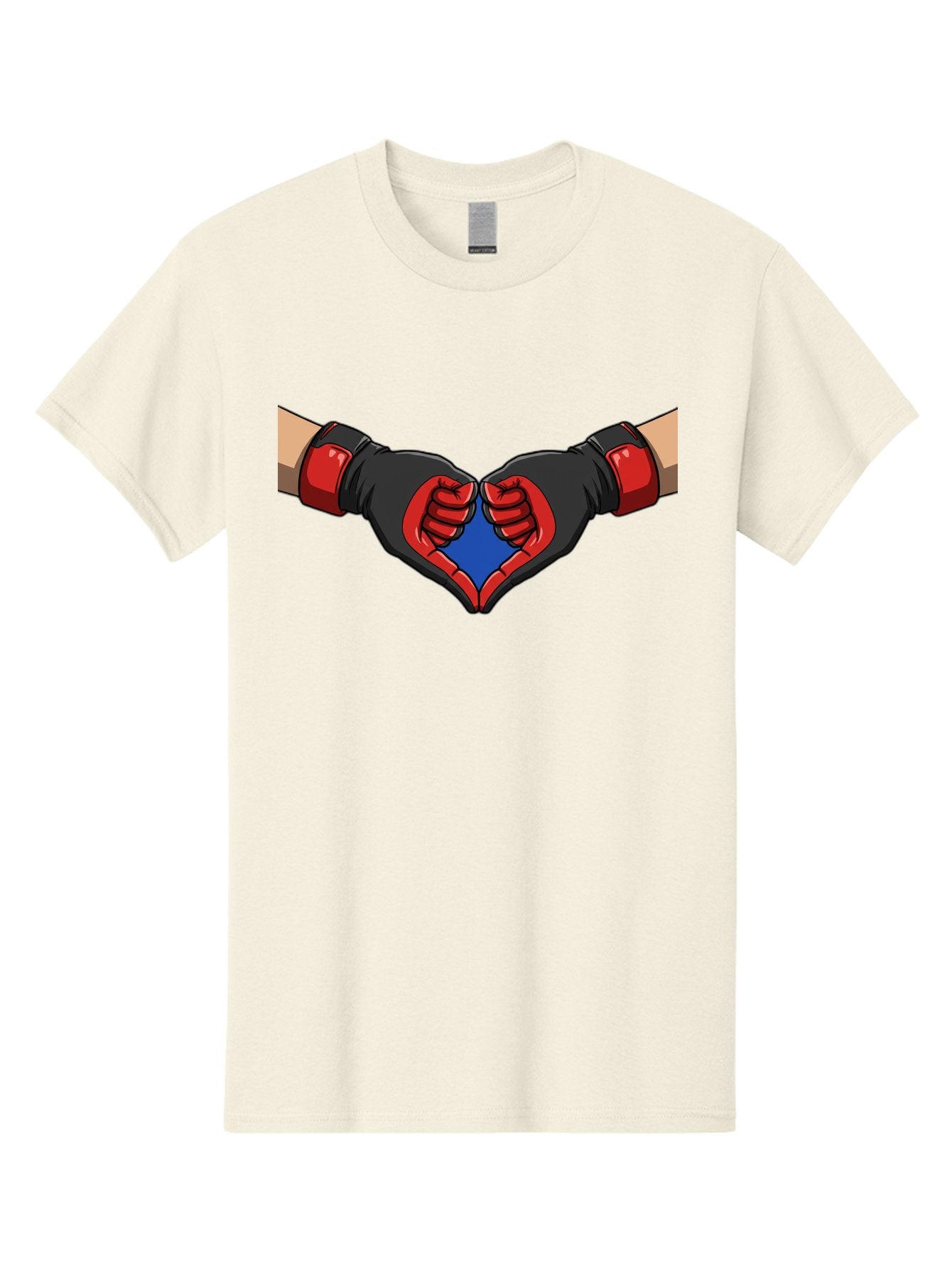 Hands-Forming-Heart-2 Men'S Graphic Tee, 100% Cotton, Comfortable Casual Summer Wear, Machine Washable, Hands Forming A Heart Shape, Black And Red Boxing Gloves, Blue Heart Center, Cartoon Illustration, Hand Gesture, Symbolic Heart Shape, Bac023 9