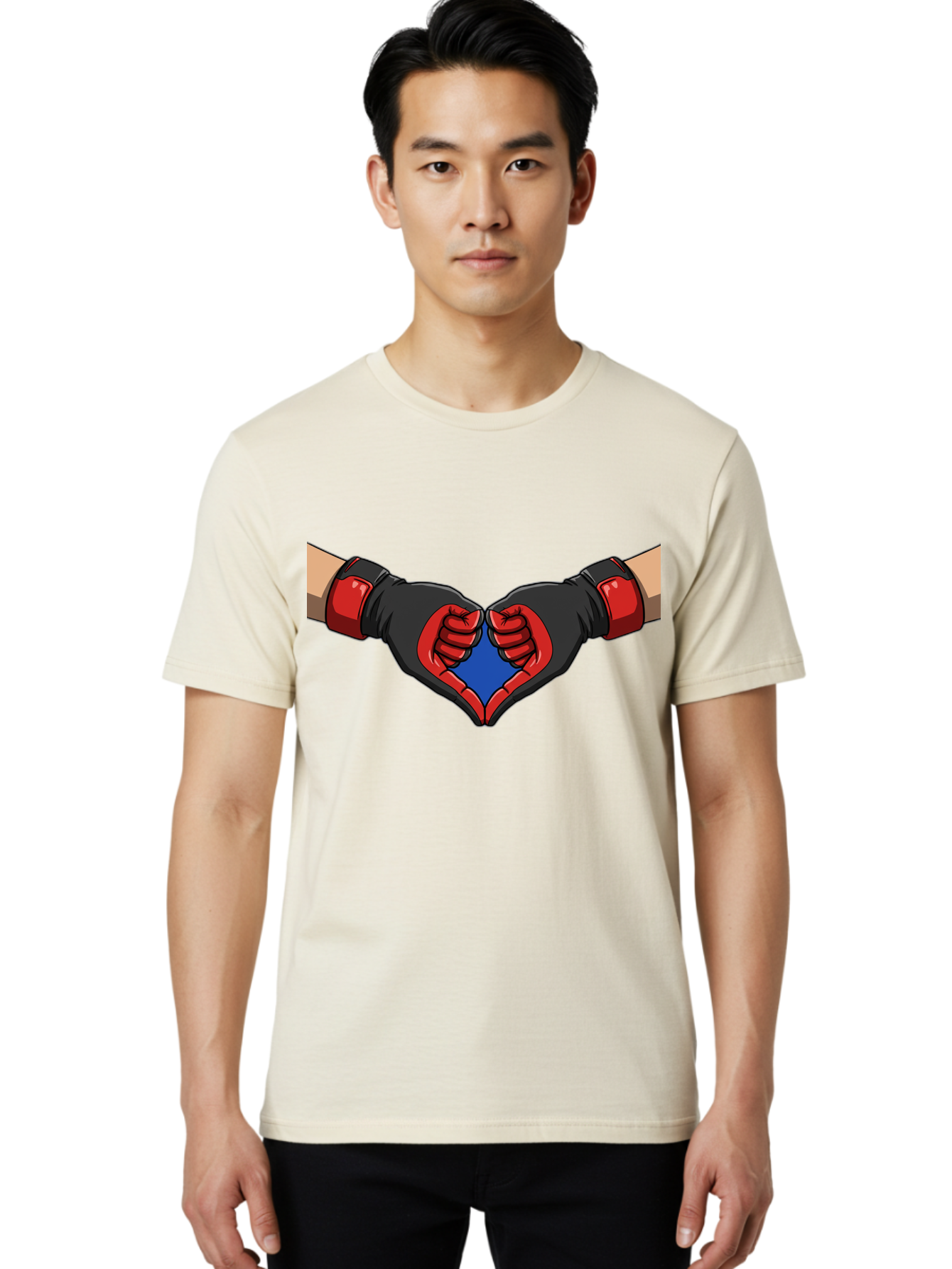 Hands-Forming-Heart-2 Men'S Graphic Tee, 100% Cotton, Comfortable Casual Summer Wear, Machine Washable, Hands Forming A Heart Shape, Black And Red Boxing Gloves, Blue Heart Center, Cartoon Illustration, Hand Gesture, Symbolic Heart Shape, Bac023 20