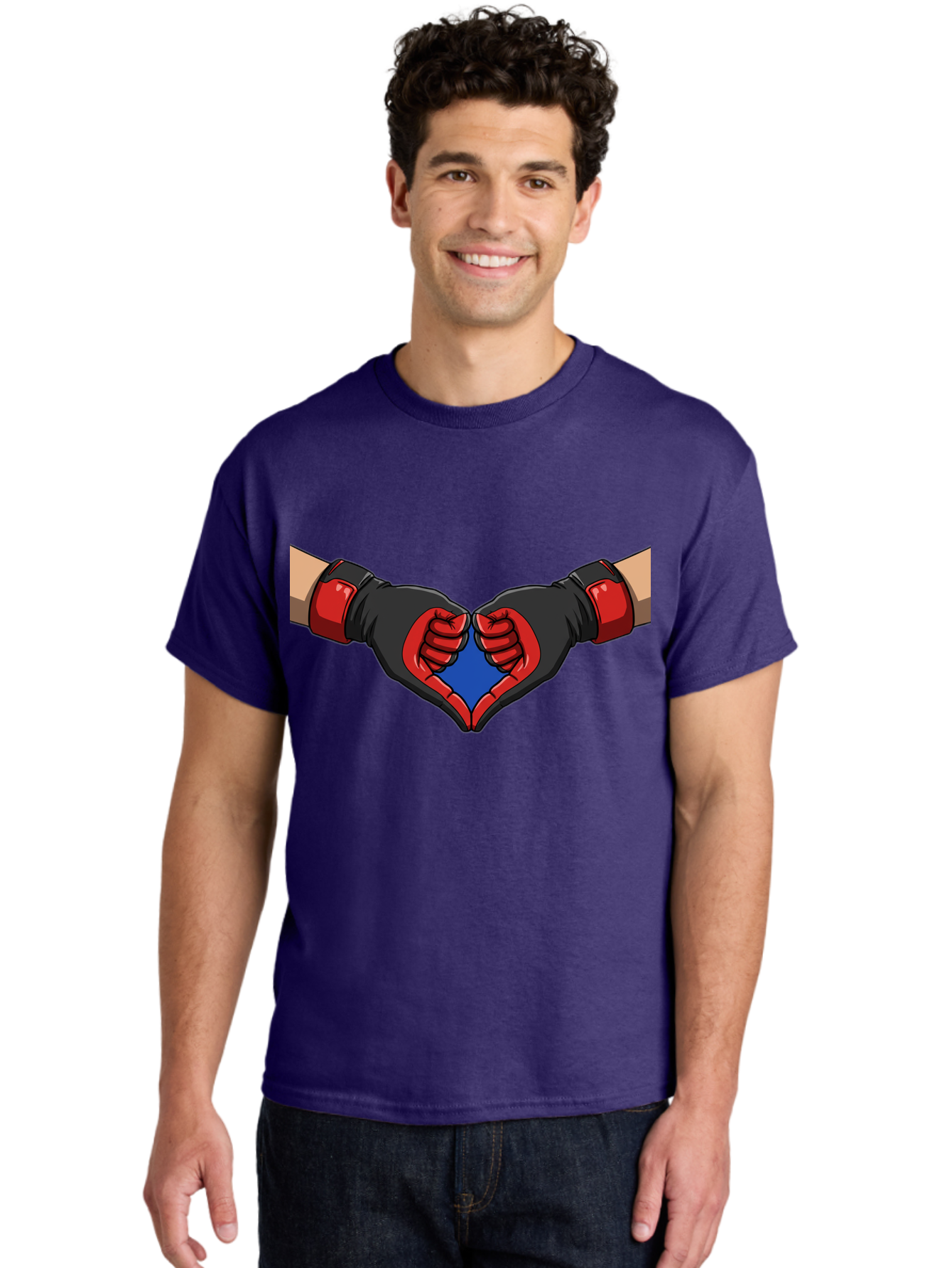 Hands-Forming-Heart-2 Men'S Graphic Tee, 100% Cotton, Comfortable Casual Summer Wear, Machine Washable, Hands Forming A Heart Shape, Black And Red Boxing Gloves, Blue Heart Center, Cartoon Illustration, Hand Gesture, Symbolic Heart Shape, Bac023 25