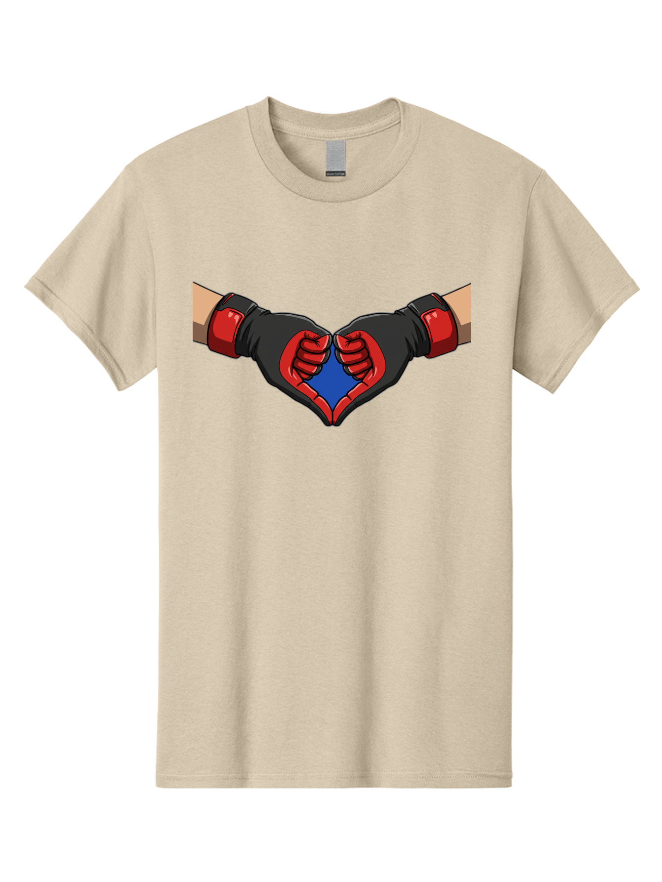Hands-Forming-Heart-2 Men'S Graphic Tee, 100% Cotton, Comfortable Casual Summer Wear, Machine Washable, Hands Forming A Heart Shape, Black And Red Boxing Gloves, Blue Heart Center, Cartoon Illustration, Hand Gesture, Symbolic Heart Shape, Bac023 7