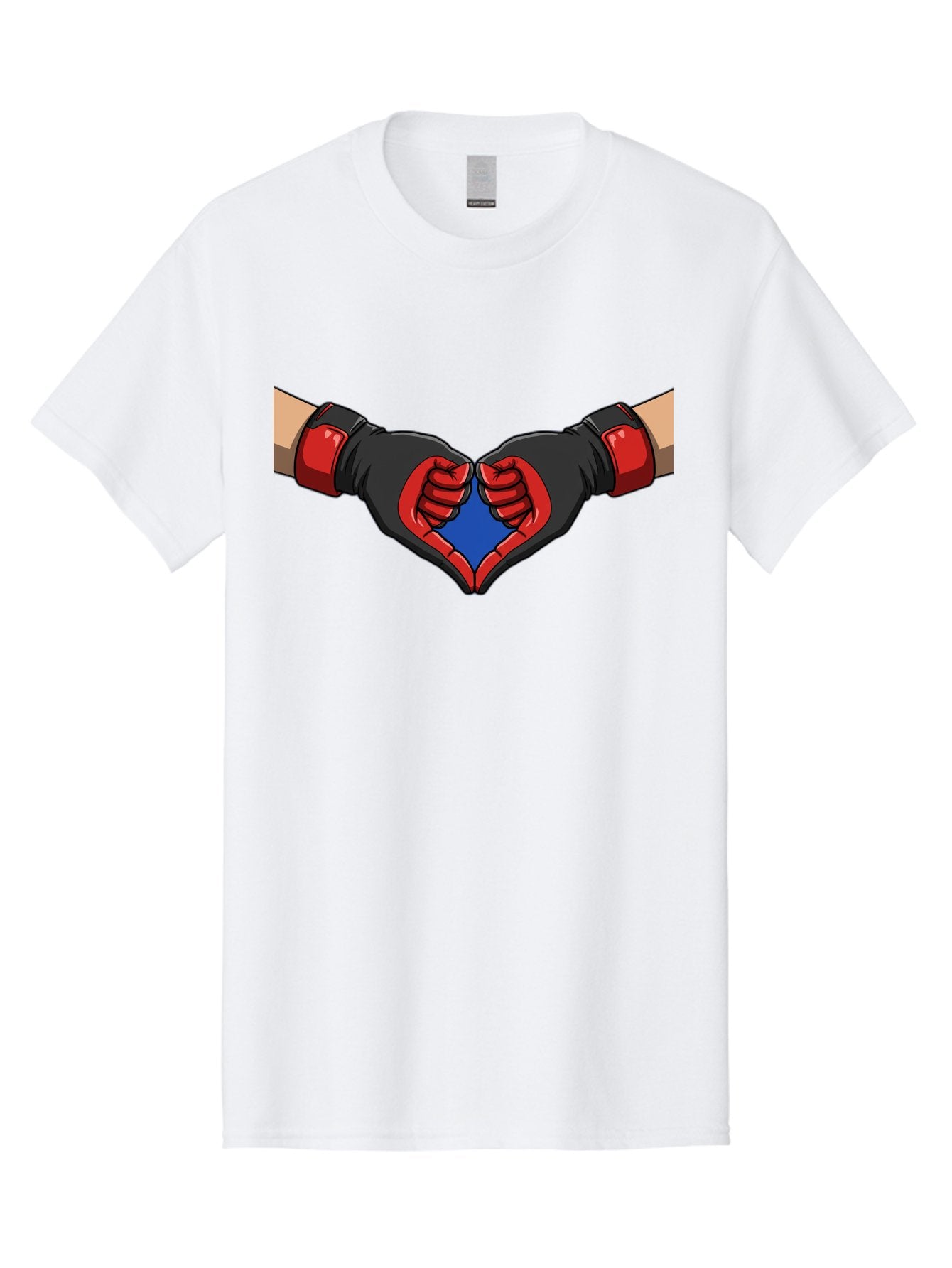 Hands-Forming-Heart-2 Men'S Graphic Tee, 100% Cotton, Comfortable Casual Summer Wear, Machine Washable, Hands Forming A Heart Shape, Black And Red Boxing Gloves, Blue Heart Center, Cartoon Illustration, Hand Gesture, Symbolic Heart Shape, Bac023 10