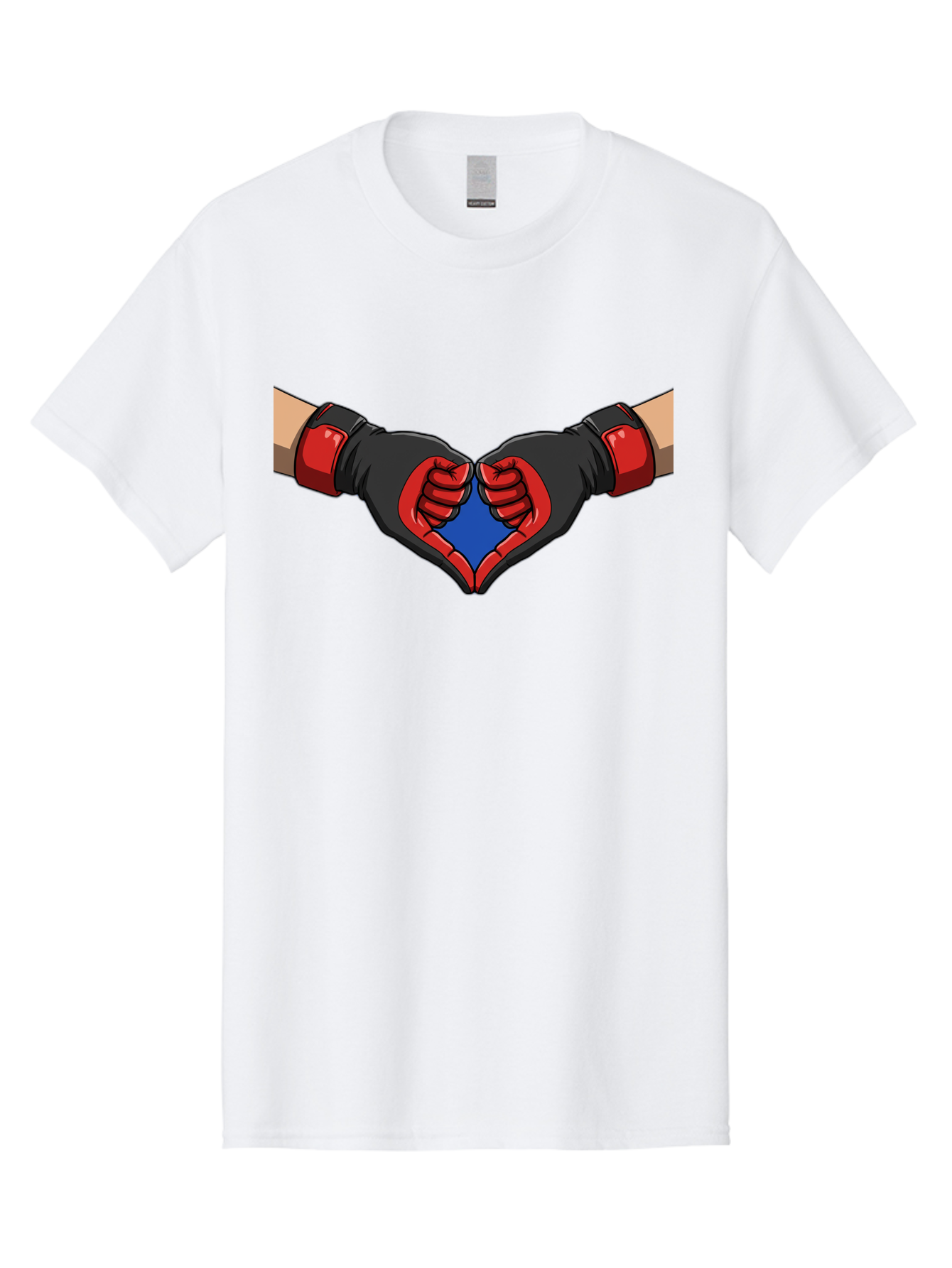 Hands-Forming-Heart-2 Men'S Graphic Tee, 100% Cotton, Comfortable Casual Summer Wear, Machine Washable, Hands Forming A Heart Shape, Black And Red Boxing Gloves, Blue Heart Center, Cartoon Illustration, Hand Gesture, Symbolic Heart Shape, Bac023 14