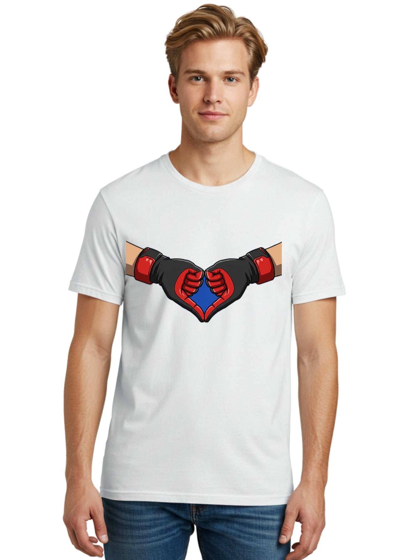 Hands-Forming-Heart-2 Men'S Graphic Tee, 100% Cotton, Comfortable Casual Summer Wear, Machine Washable, Hands Forming A Heart Shape, Black And Red Boxing Gloves, Blue Heart Center, Cartoon Illustration, Hand Gesture, Symbolic Heart Shape, Bac023 17