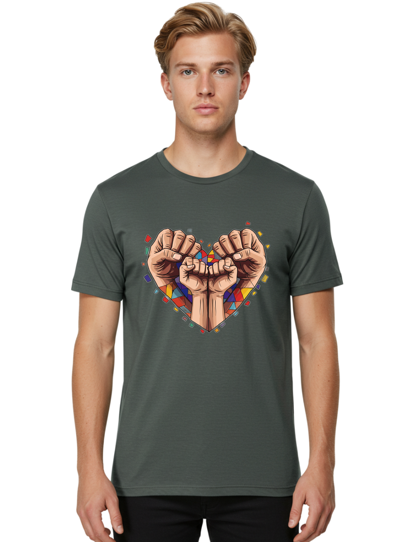 Hands-Forming-Heart-4 Men'S Graphic Tee, 100% Cotton, Comfortable Casual Summer Wear, Machine Washable, Hands Forming Heart Shape, Mosaic Heart, Multi-Colored Tiles, Vibrant Colors, Unity Symbol, Togetherness, Love, Solidarity, Empowerment Bac025 29