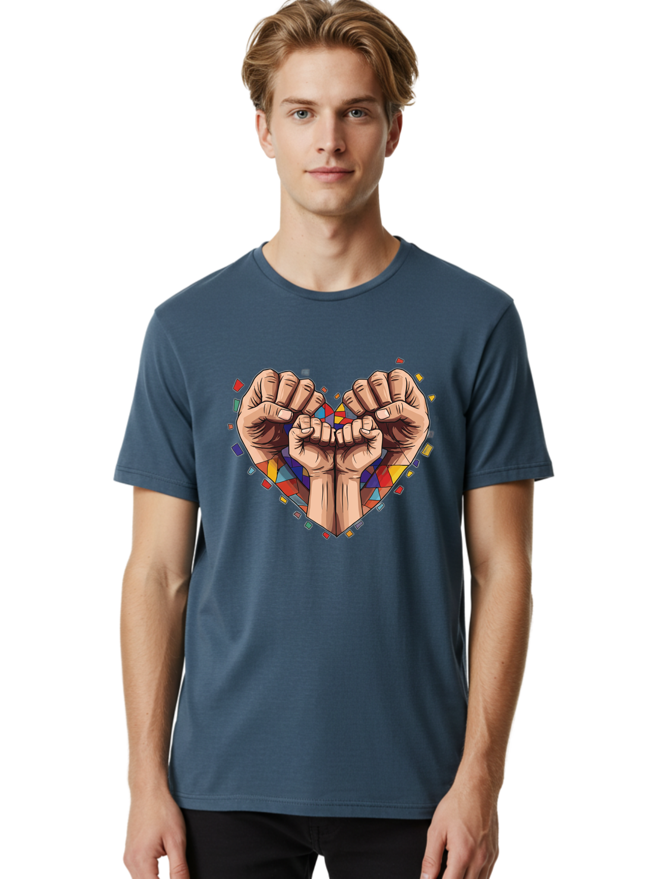 Hands-Forming-Heart-4 Men'S Graphic Tee, 100% Cotton, Comfortable Casual Summer Wear, Machine Washable, Hands Forming Heart Shape, Mosaic Heart, Multi-Colored Tiles, Vibrant Colors, Unity Symbol, Togetherness, Love, Solidarity, Empowerment Bac025 19