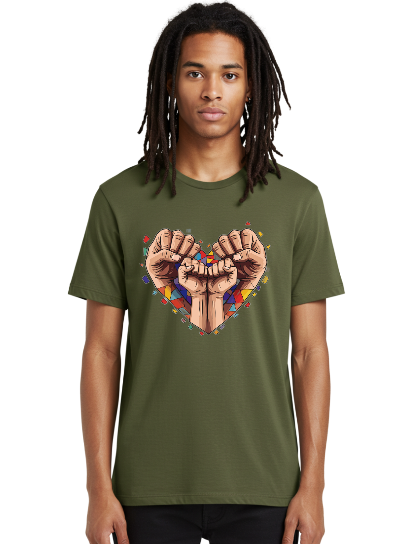 Hands-Forming-Heart-4 Men'S Graphic Tee, 100% Cotton, Comfortable Casual Summer Wear, Machine Washable, Hands Forming Heart Shape, Mosaic Heart, Multi-Colored Tiles, Vibrant Colors, Unity Symbol, Togetherness, Love, Solidarity, Empowerment Bac025 24