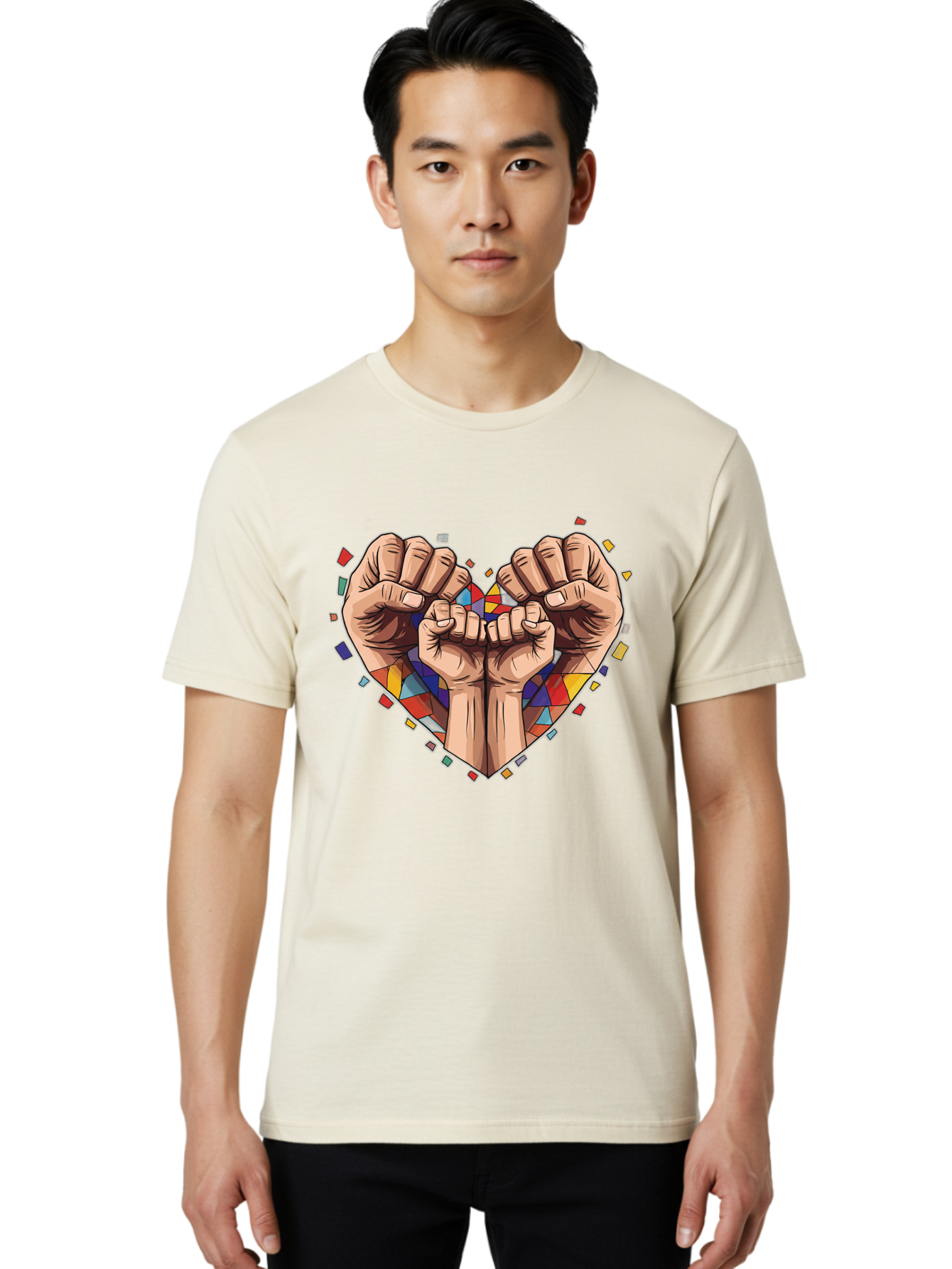 Hands-Forming-Heart-4 Men'S Graphic Tee, 100% Cotton, Comfortable Casual Summer Wear, Machine Washable, Hands Forming Heart Shape, Mosaic Heart, Multi-Colored Tiles, Vibrant Colors, Unity Symbol, Togetherness, Love, Solidarity, Empowerment Bac025 25