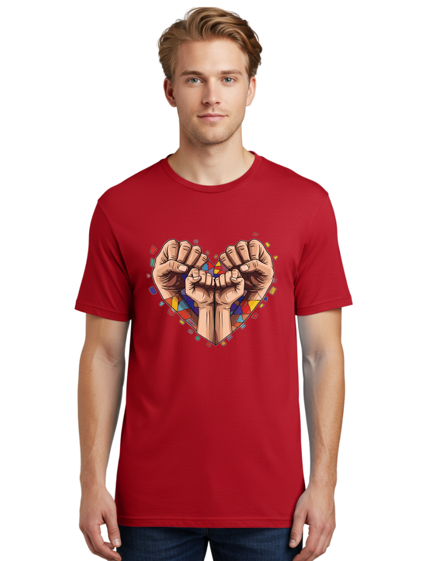 Hands-Forming-Heart-4 Men'S Graphic Tee, 100% Cotton, Comfortable Casual Summer Wear, Machine Washable, Hands Forming Heart Shape, Mosaic Heart, Multi-Colored Tiles, Vibrant Colors, Unity Symbol, Togetherness, Love, Solidarity, Empowerment Bac025 30