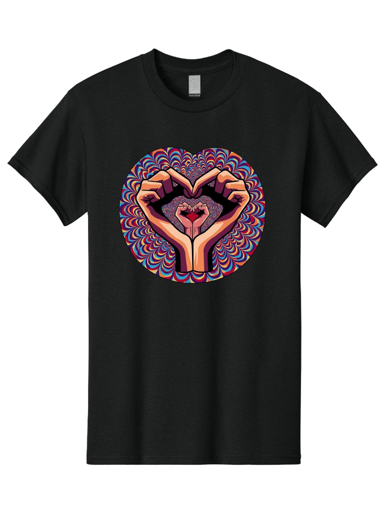 Hands-Forming-Heart-5 Men'S Graphic Tee, 100% Cotton, Comfortable Casual Summer Wear, Machine Washable, Hands Forming A Heart Shape, Psychedelic Art, Rainbow Colors, Vibrant Patterns, Love Symbol, Hand Gesture, Artistic Expression, Bac026 13