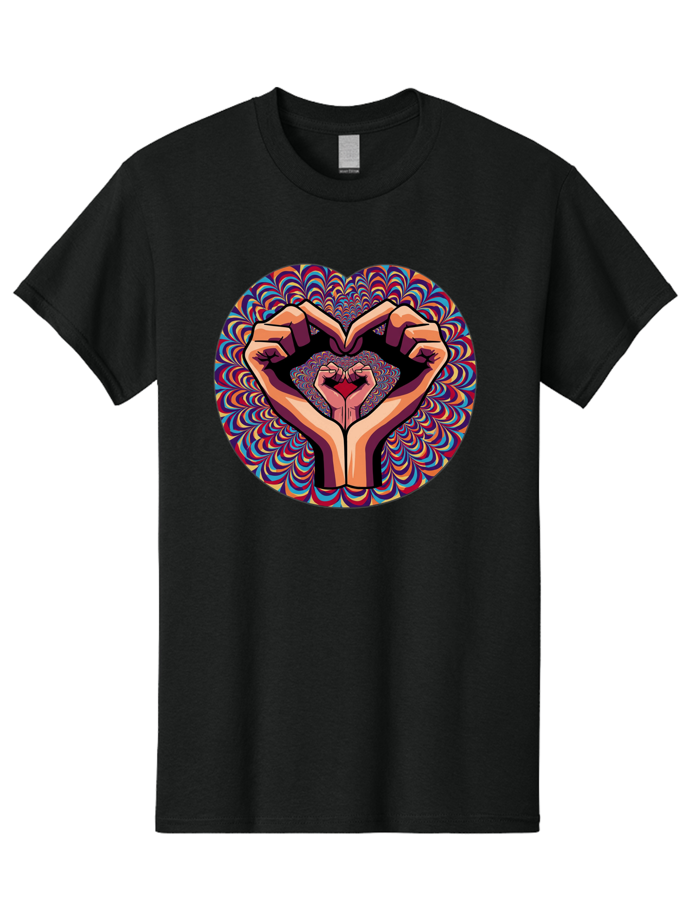 Hands-Forming-Heart-5 Men'S Graphic Tee, 100% Cotton, Comfortable Casual Summer Wear, Machine Washable, Hands Forming A Heart Shape, Psychedelic Art, Rainbow Colors, Vibrant Patterns, Love Symbol, Hand Gesture, Artistic Expression, Bac026 15