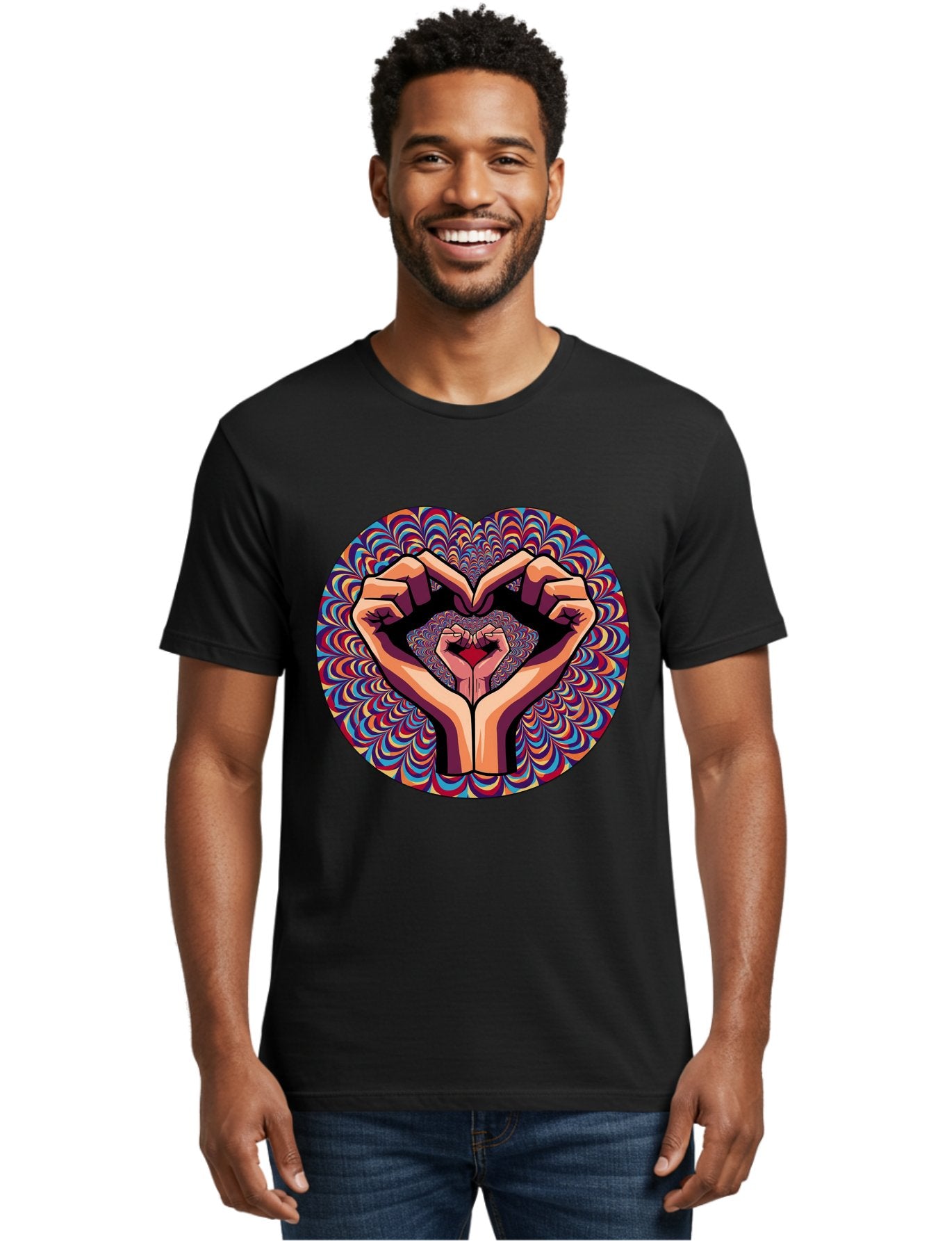 Hands-Forming-Heart-5 Men'S Graphic Tee, 100% Cotton, Comfortable Casual Summer Wear, Machine Washable, Hands Forming A Heart Shape, Psychedelic Art, Rainbow Colors, Vibrant Patterns, Love Symbol, Hand Gesture, Artistic Expression, Bac026 20