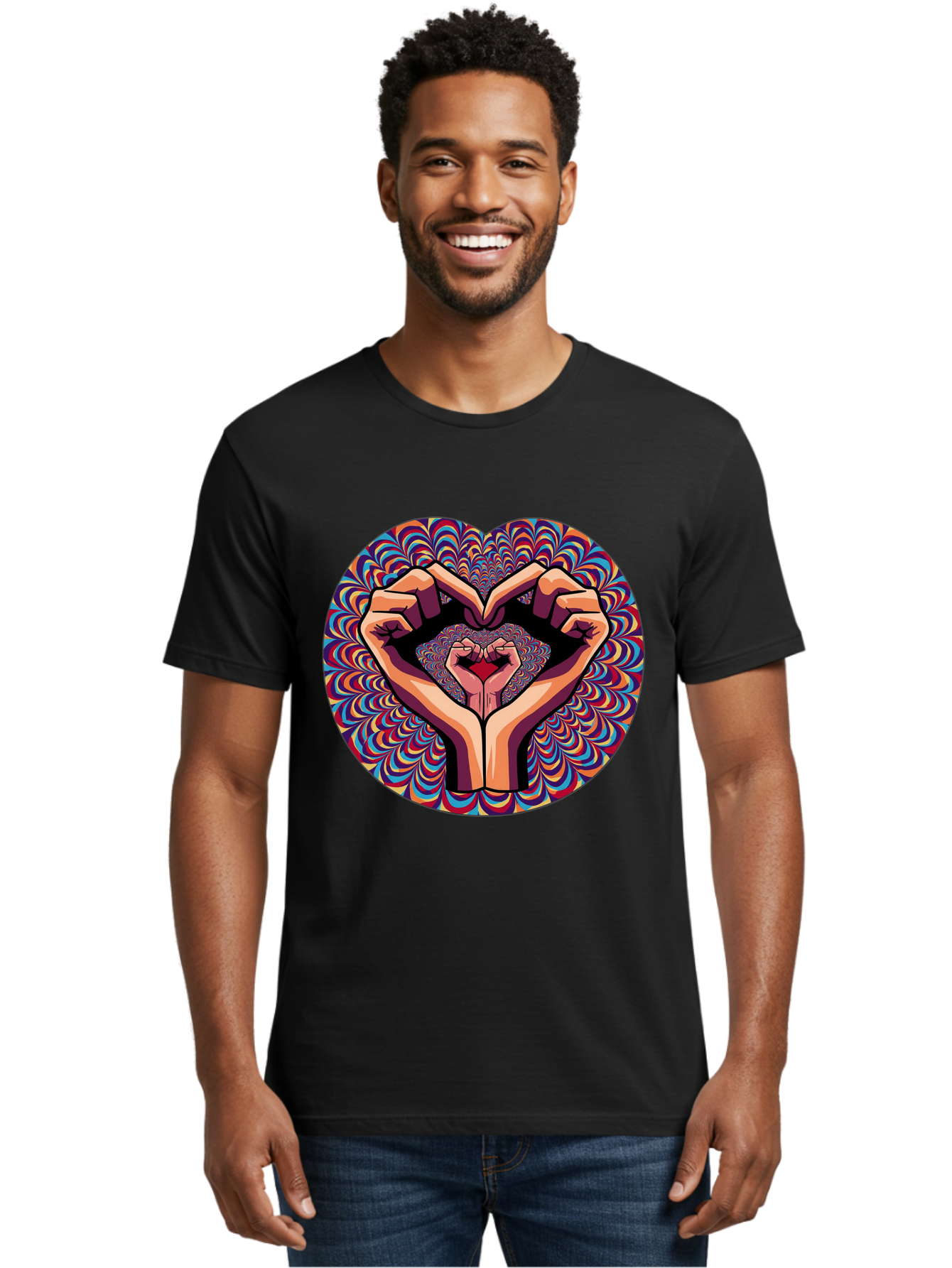 Hands-Forming-Heart-5 Men'S Graphic Tee, 100% Cotton, Comfortable Casual Summer Wear, Machine Washable, Hands Forming A Heart Shape, Psychedelic Art, Rainbow Colors, Vibrant Patterns, Love Symbol, Hand Gesture, Artistic Expression, Bac026 30