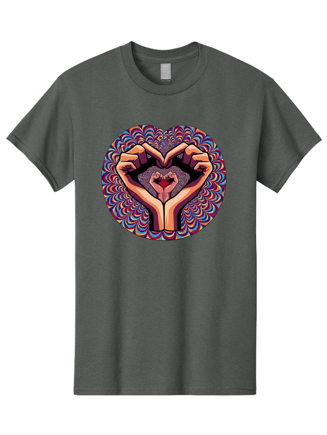 Hands-Forming-Heart-5 Men'S Graphic Tee, 100% Cotton, Comfortable Casual Summer Wear, Machine Washable, Hands Forming A Heart Shape, Psychedelic Art, Rainbow Colors, Vibrant Patterns, Love Symbol, Hand Gesture, Artistic Expression, Bac026 3
