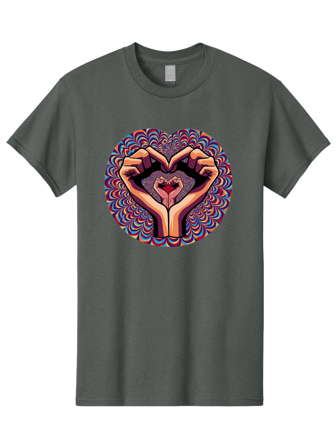 Hands-Forming-Heart-5 Men'S Graphic Tee, 100% Cotton, Comfortable Casual Summer Wear, Machine Washable, Hands Forming A Heart Shape, Psychedelic Art, Rainbow Colors, Vibrant Patterns, Love Symbol, Hand Gesture, Artistic Expression, Bac026 9